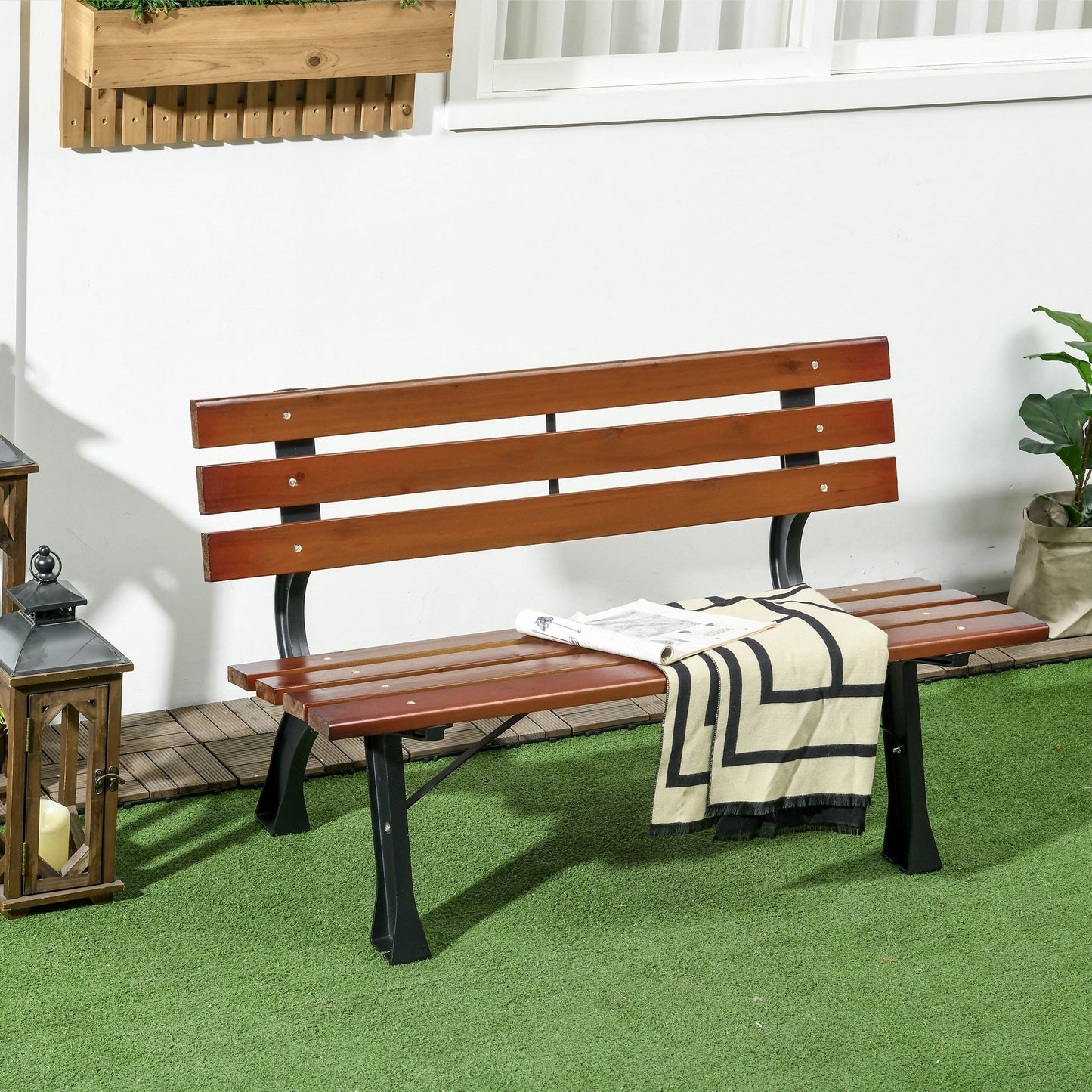 47 Inch Outdoor Garden Bench, Aluminum Wood Patio Loveseat with Slatted Seat Back, 528 lbs. for Porch, Park, Coffee