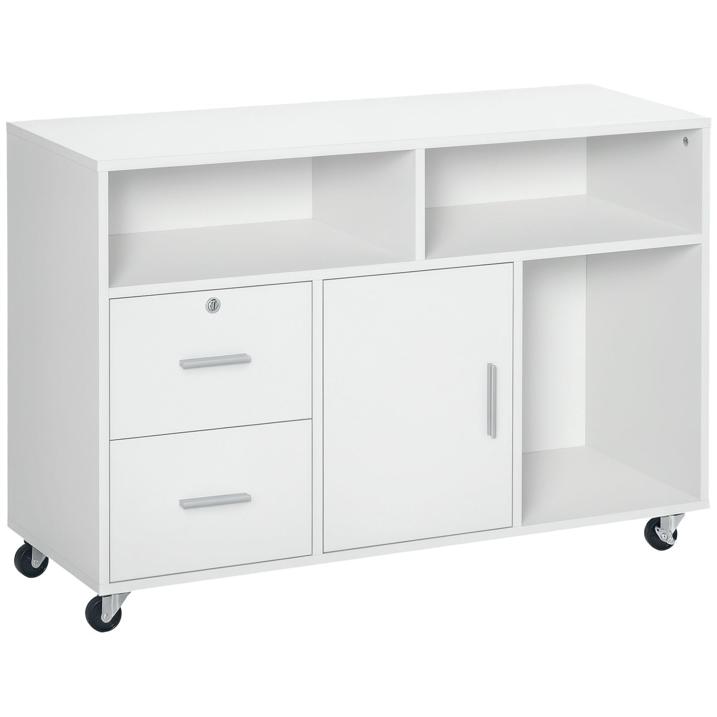 Lateral Filing Cabinet with Open Storage Shelf, Printer Stand Home Office Mobile File Cabinet with Wheels, Lockable Drawer, White
