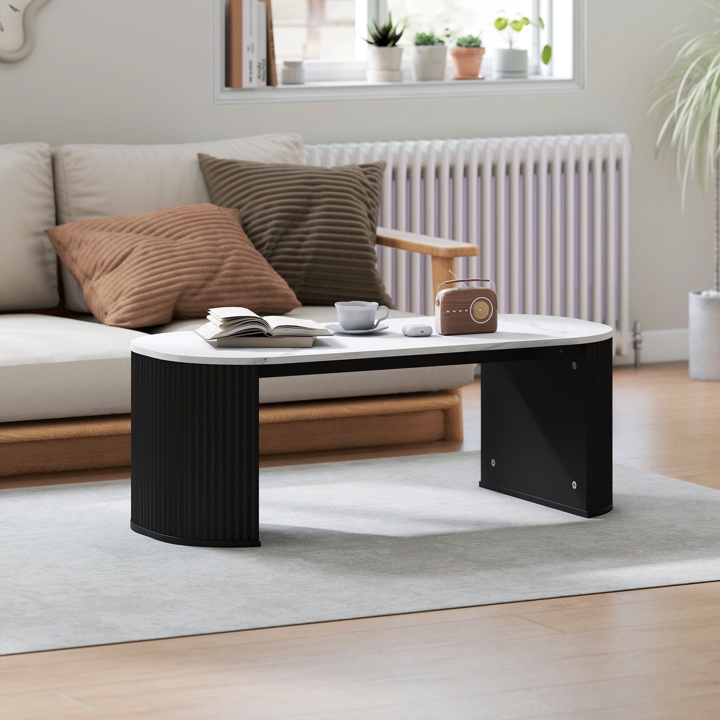 Coffee Table, Modern Marble-Effect Living Room Table with Round Corners and Thicken Legs, Black