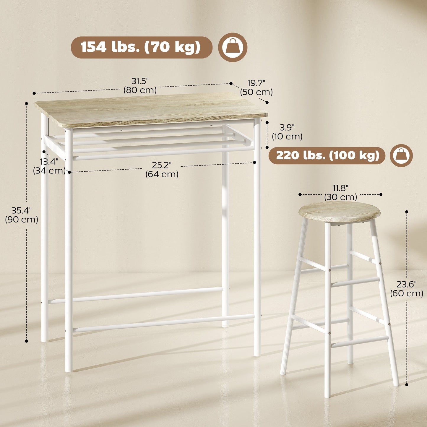 3-Piece Counter Height Bar Table Set - White and Oak