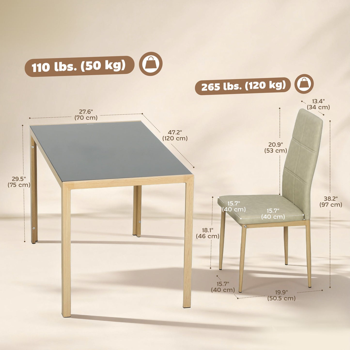 3-Piece Rectangular Glass Kitchen Table and Chairs with Metal Frame and Faux Leather Upholstery for Dining Room