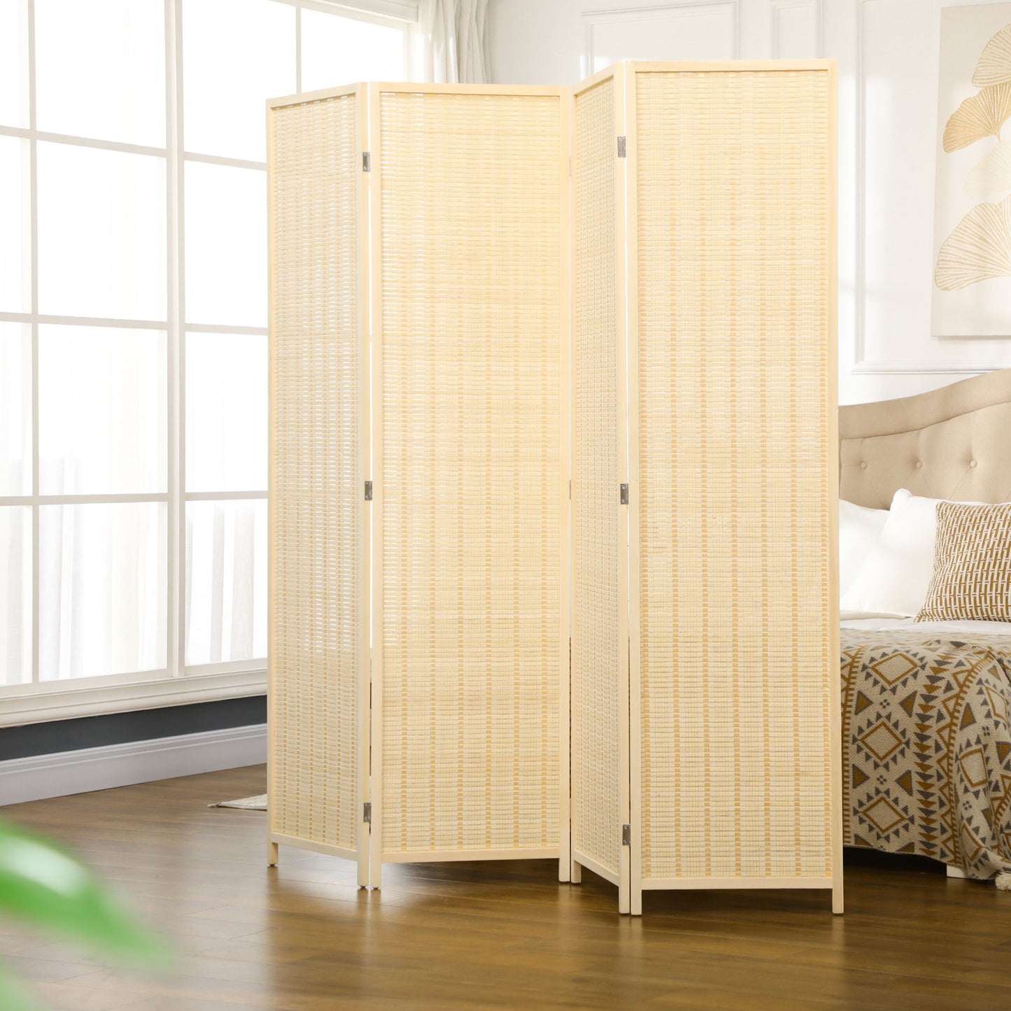 Woven Bamboo Room Divider, 4 Panel Folding Indoor Privacy Screens for Home Office, 71"x71"x0.6", Natural