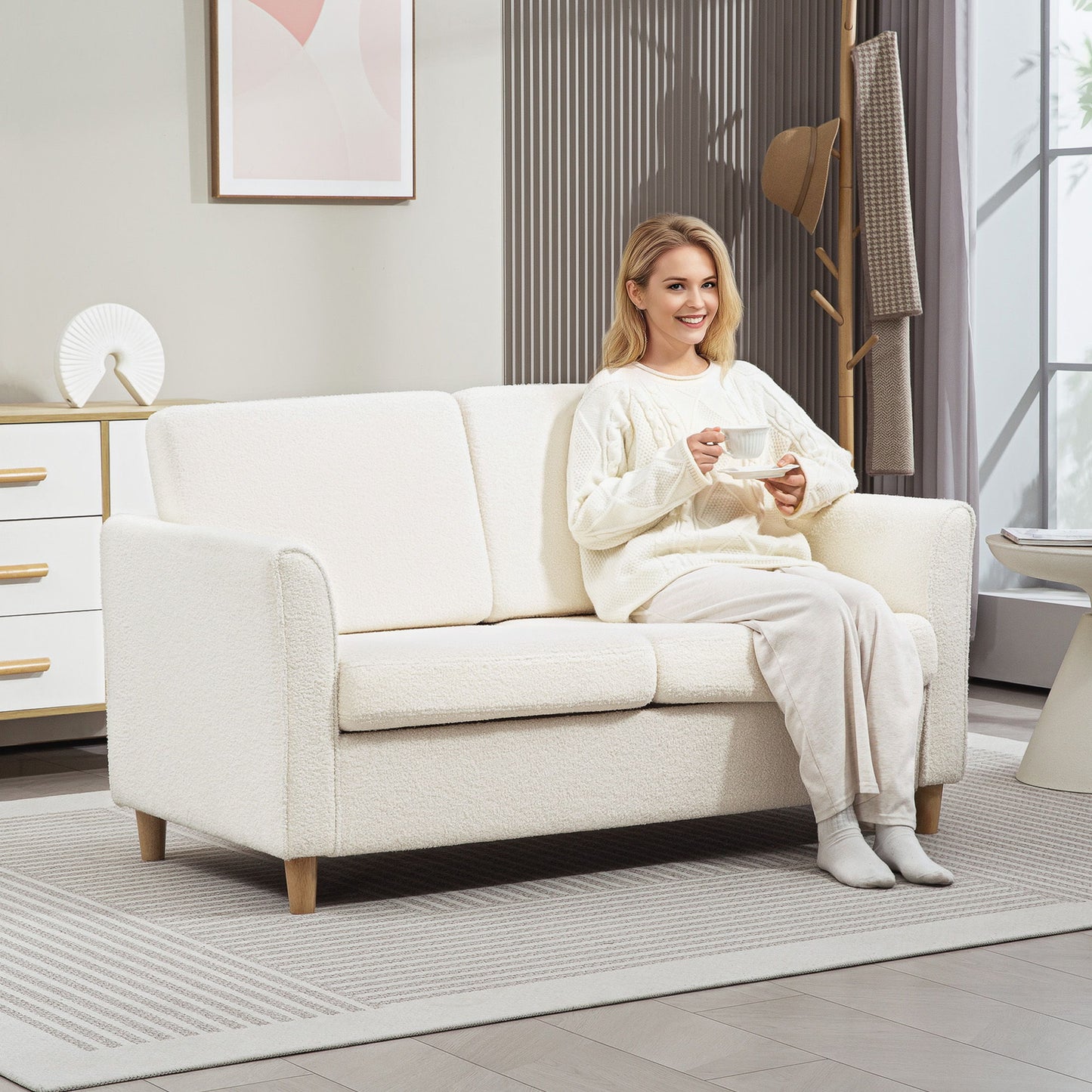 2-Seat Sofa Two-Seater Couch with Armrests and Wood Legs for Living Room, Bedroom, Cream White