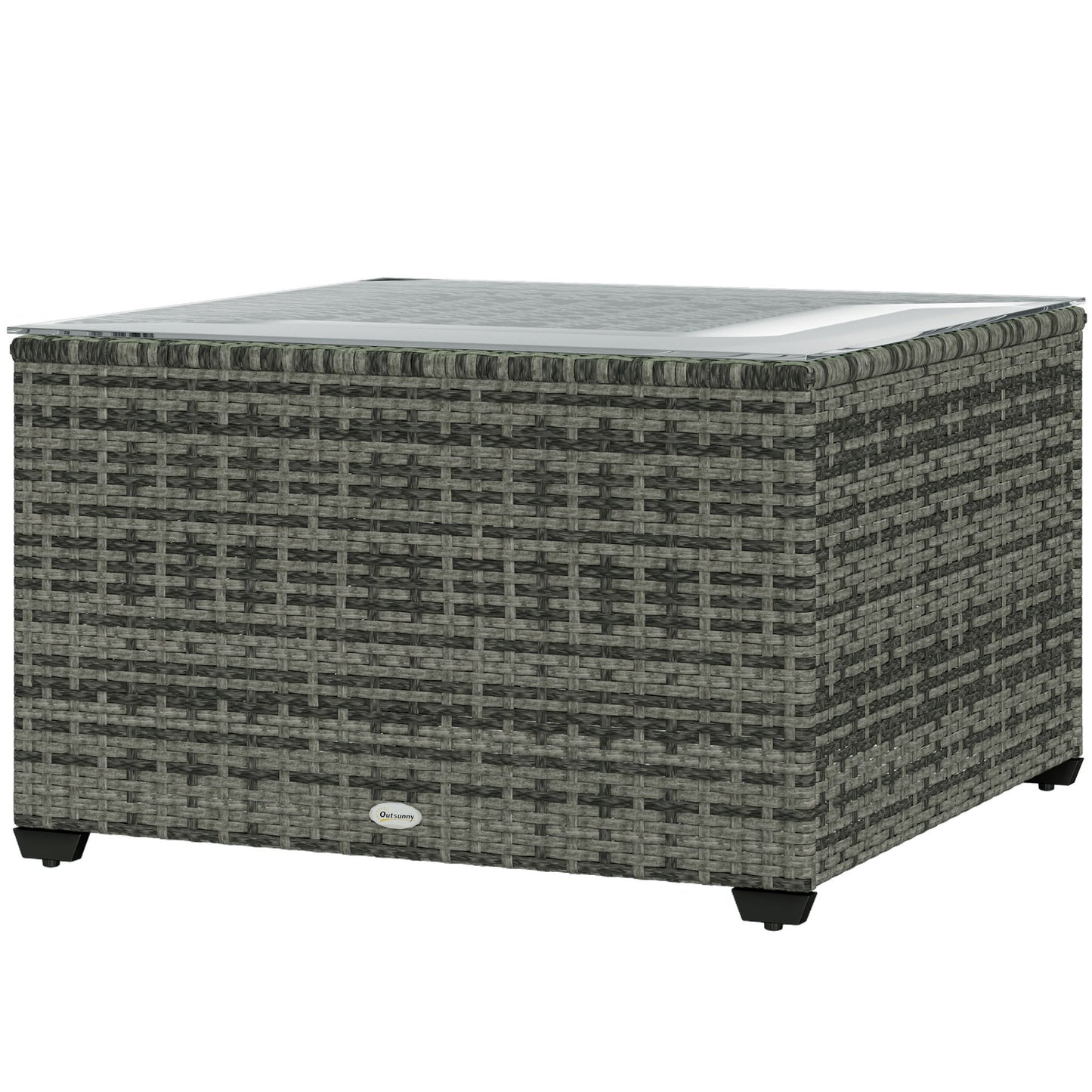 24.4" Patio Wicker Coffee Table, PE Rattan Outdoor Side Table with Tempered Glass Top, Light Grey