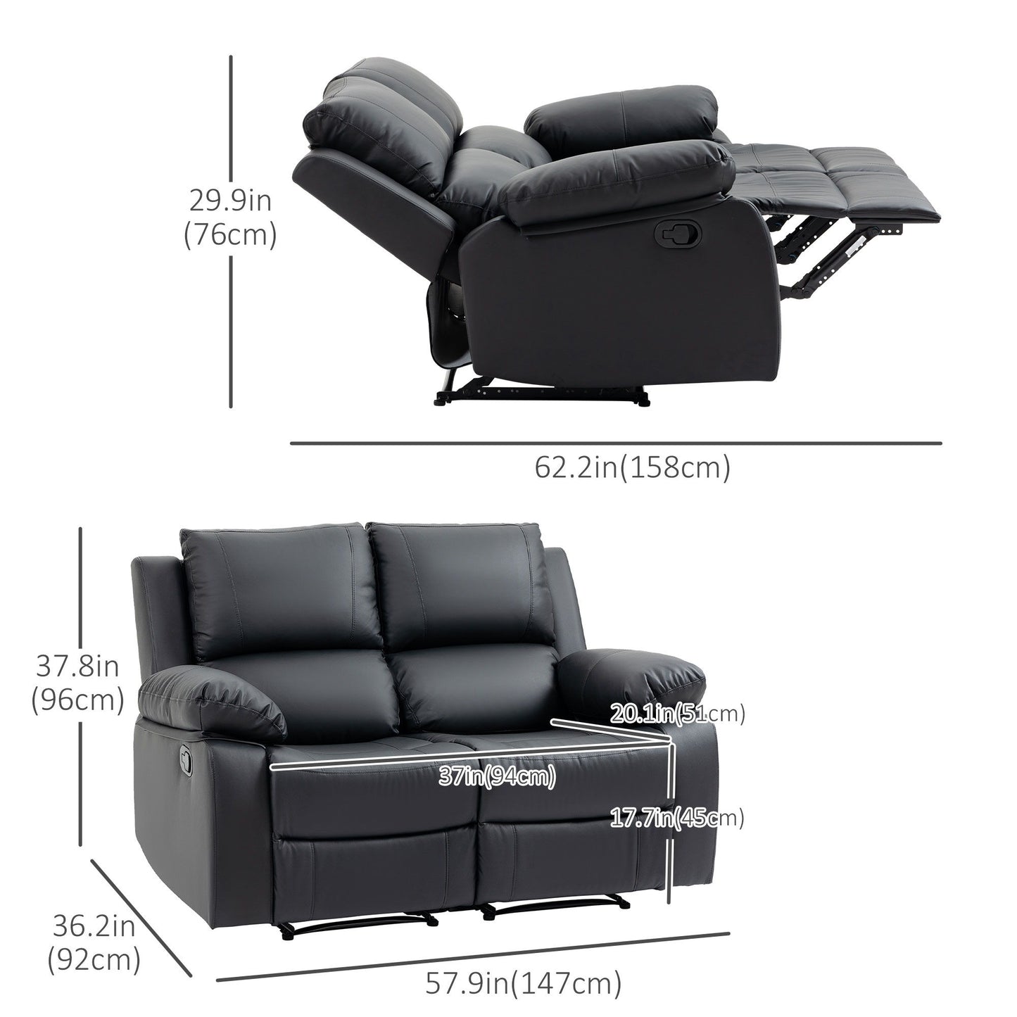 Double Reclining Loveseat, PU Leather Manual Recliner Sofa Chair with Thick Backrest, Padded Armrests, Footrest for Living Room, Black