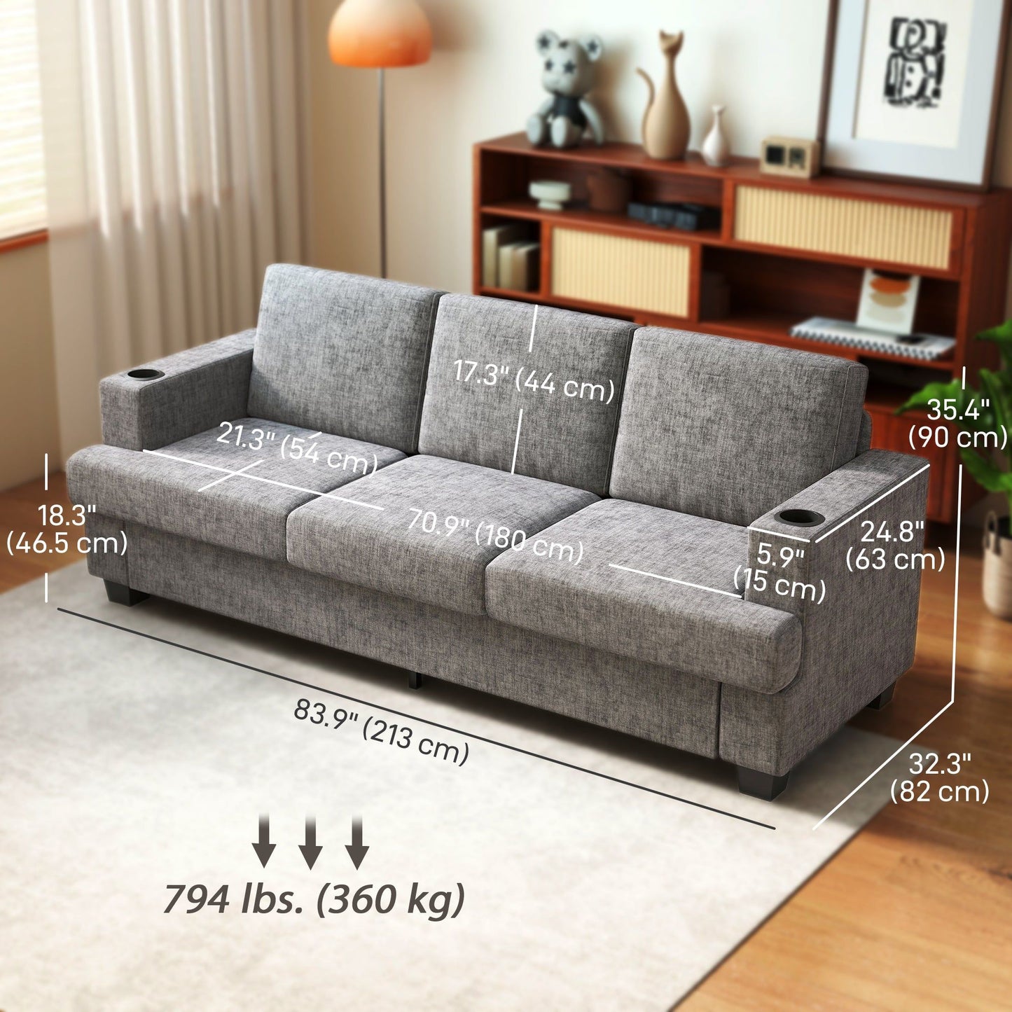 3-Seater Chenille Sofa with USB & Cup Holders - Grey