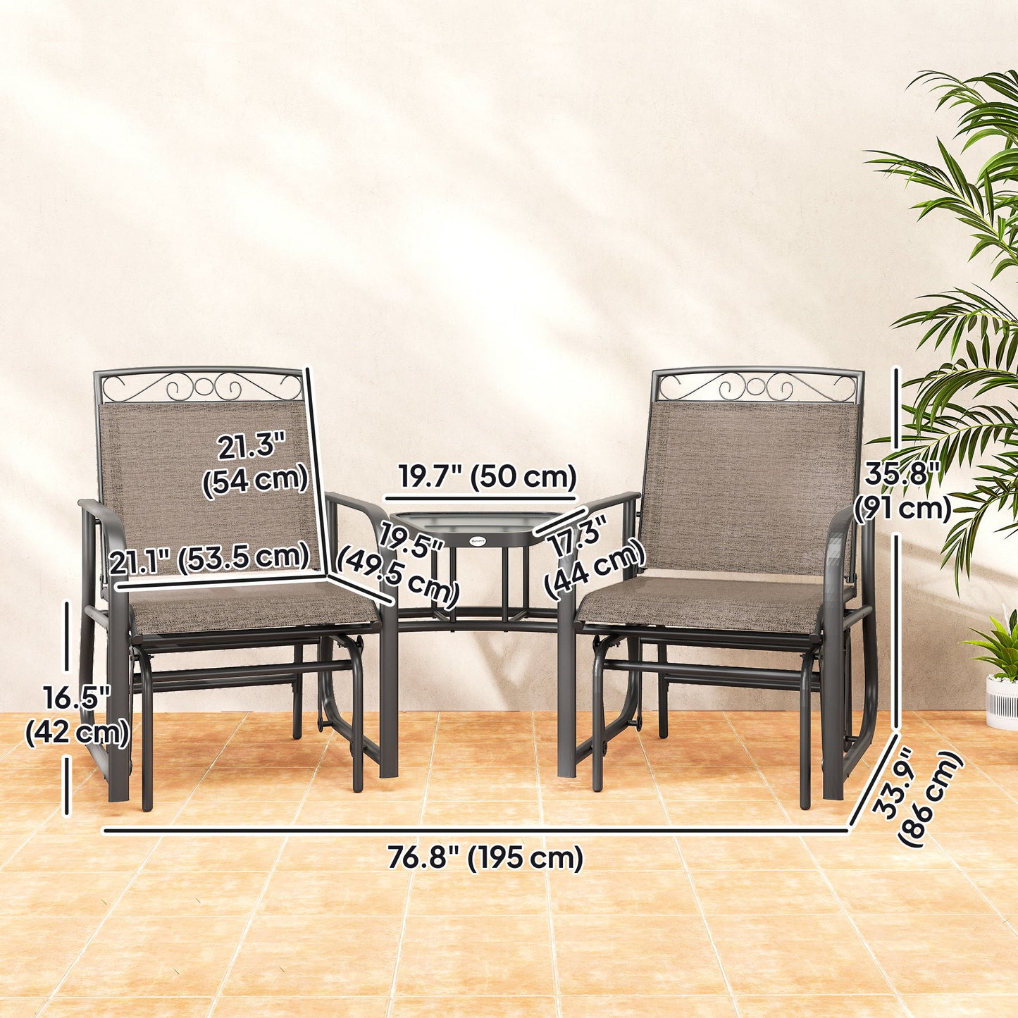Outdoor Glider Bench with Coffee Table, Patio 2-Seat Rocking Chair Swing Loveseat with Breathable Sling for Backyard Garden Porch, Brown