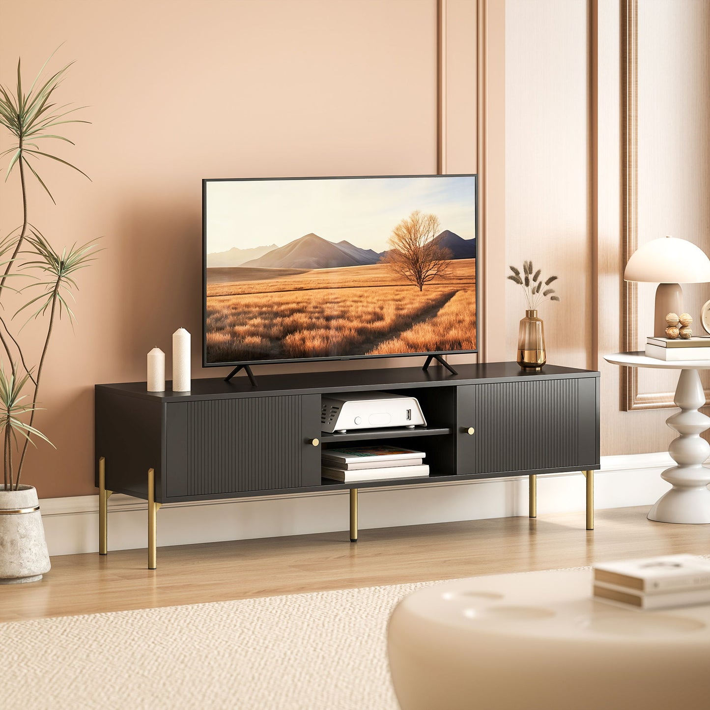 TV Stand for TVs up to 65", Entertainment Center with 2 Open Shelves, 2 Cabinets and Steel Legs for Living Room, Black
