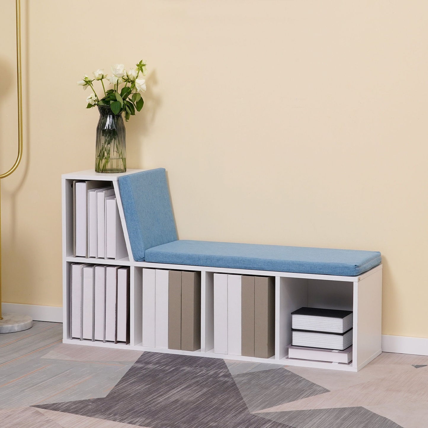 Multi-Purpose Bookshelf with 5 Cubes, 5-Cubby Bookcase with Cushioned Reading Nook and Storage Shelves, Blue