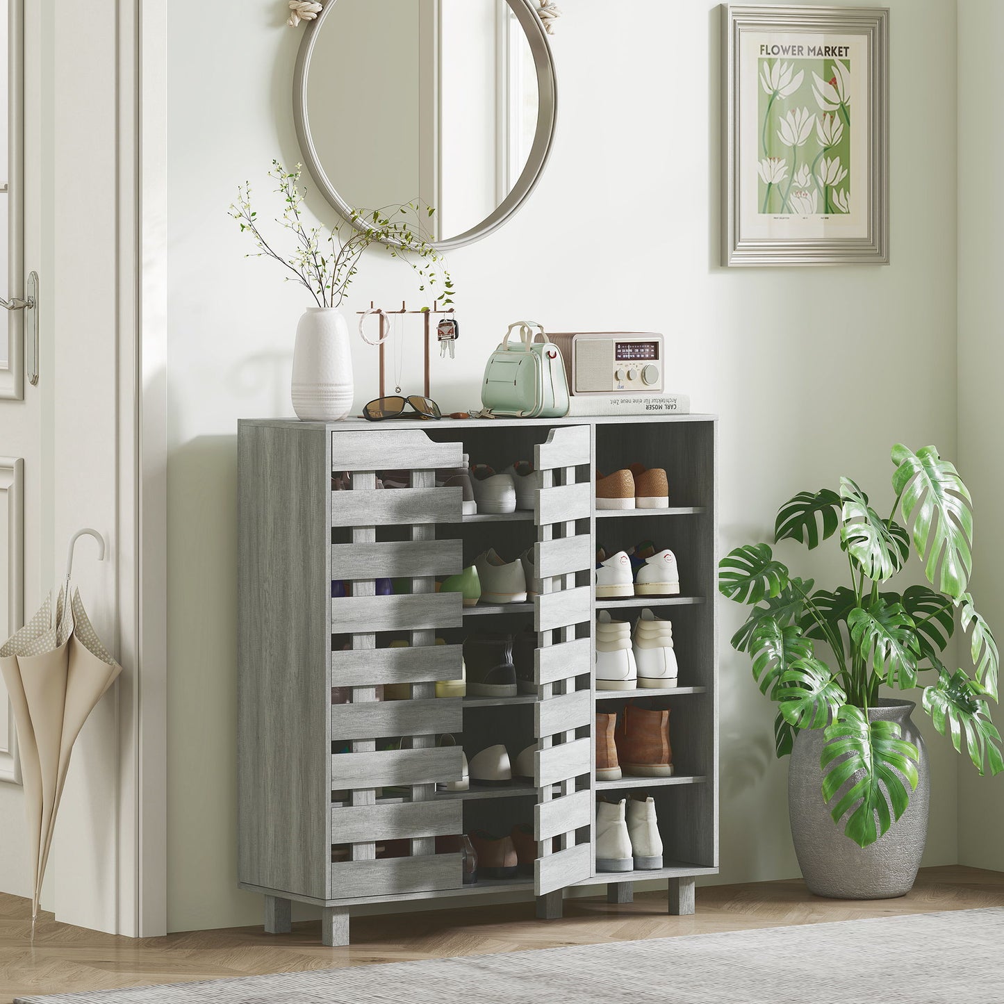 Shoe Cabinet, 21 Pair Shoe Storage Cabinet Organizer with 5-tier Double Door Cabinet and 5-tier Open Shelves, Light Grey