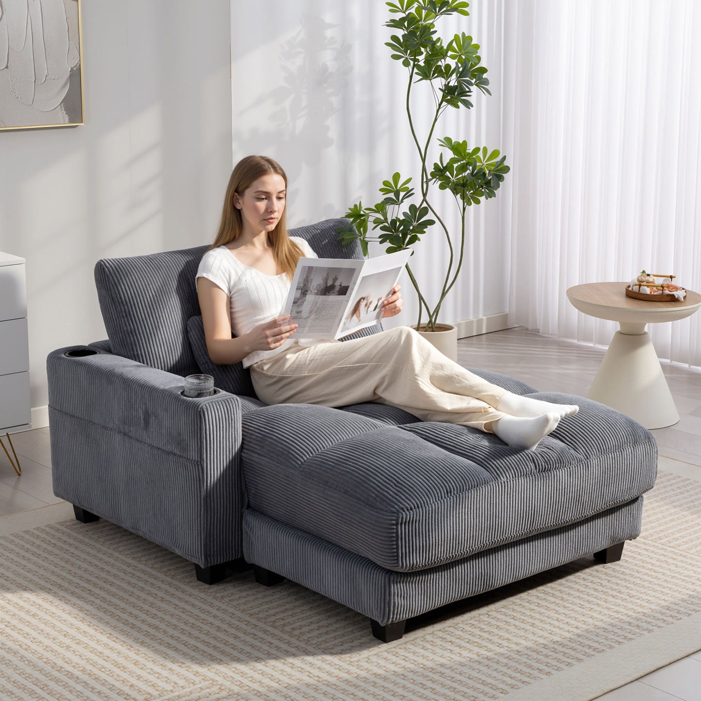 58" Chaise Lounge Indoor, Oversized Corduroy Sofa Bed with 2 Cup Holders, Pillow, Deep Seat Sleeper Couch, Dark Grey