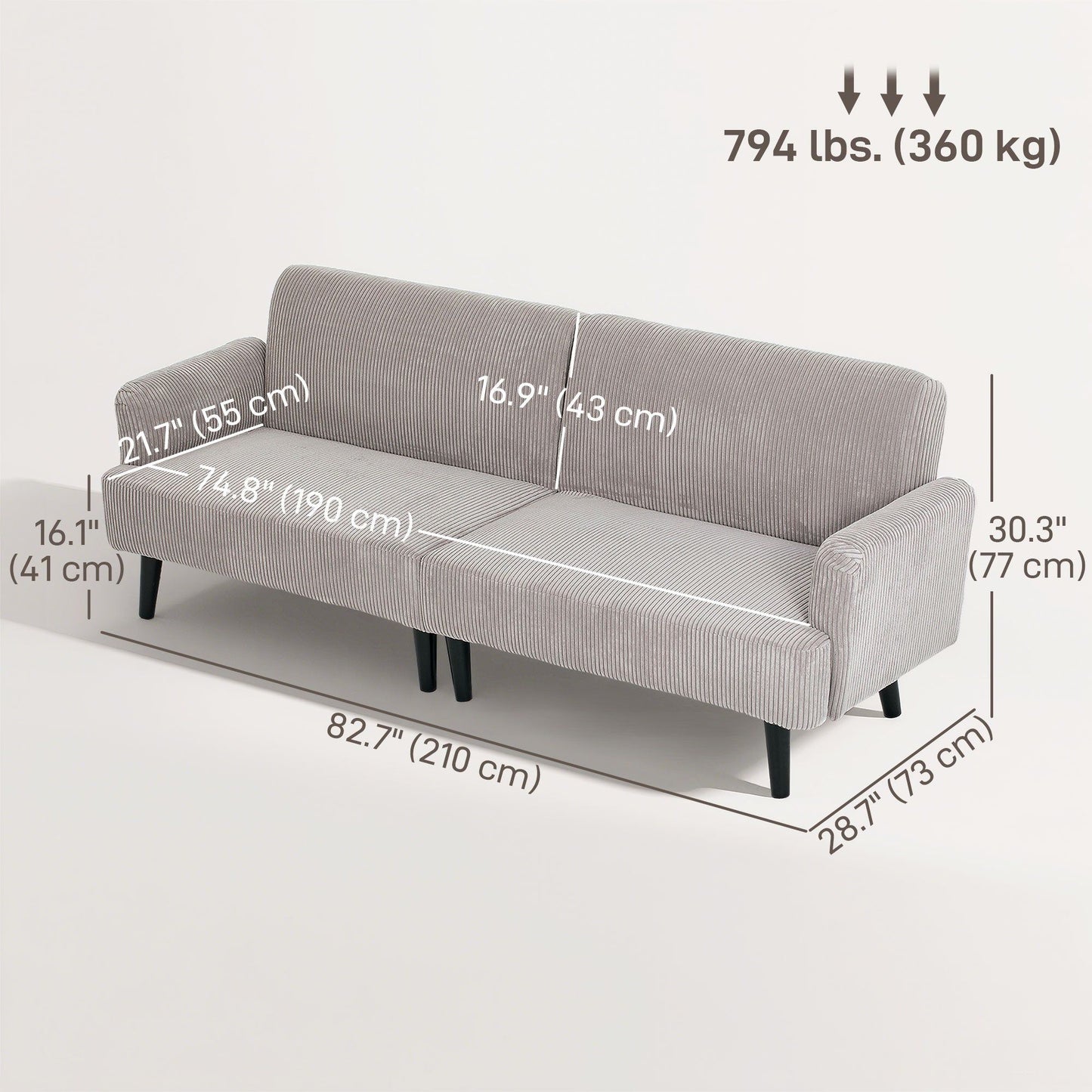 3-Seater Corduroy Loveseat with Rubberwood Legs - Light Grey