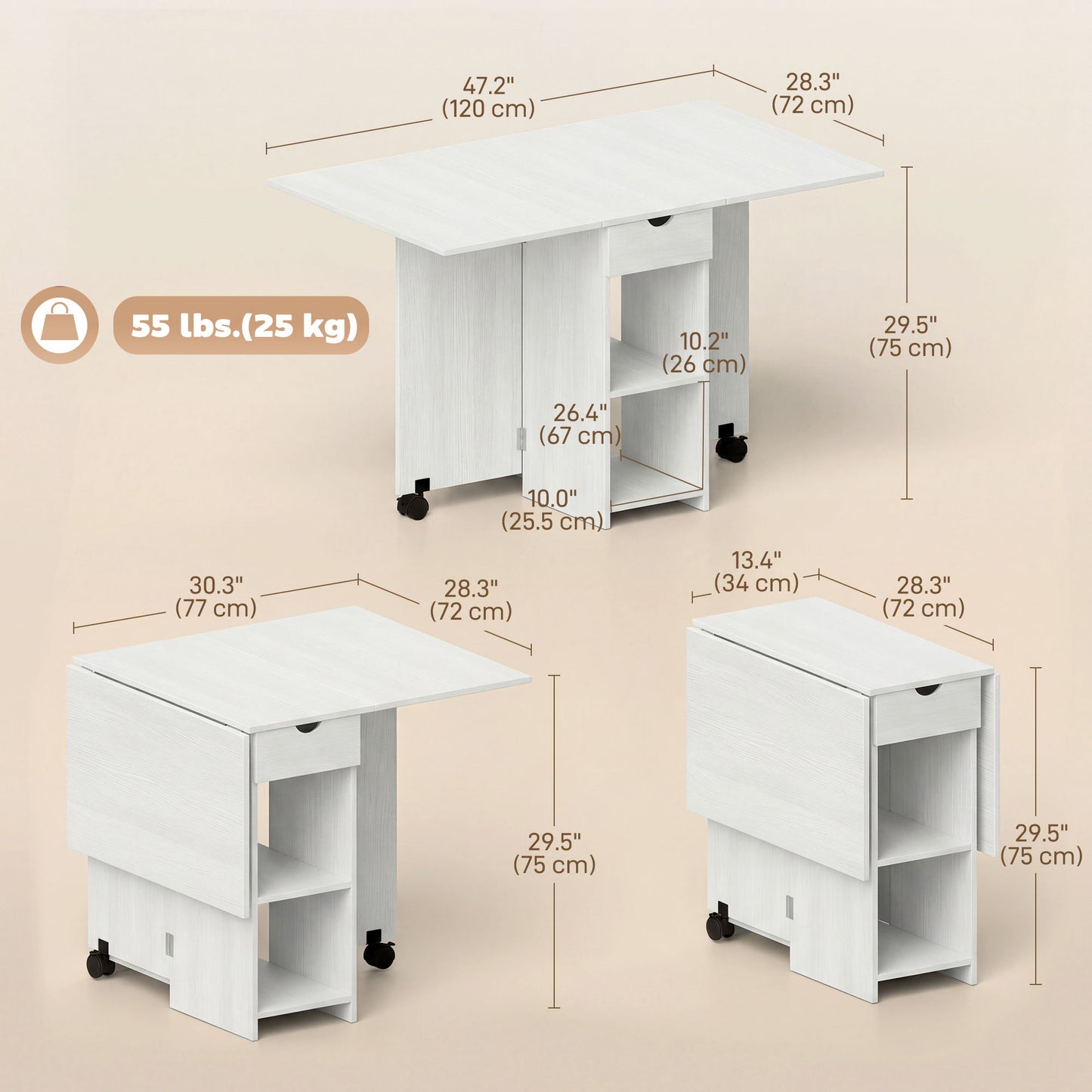 Folding Dining Table with Storage, Drop Leaf Kitchen Table with Drawer and Shelves for Small Spaces, White