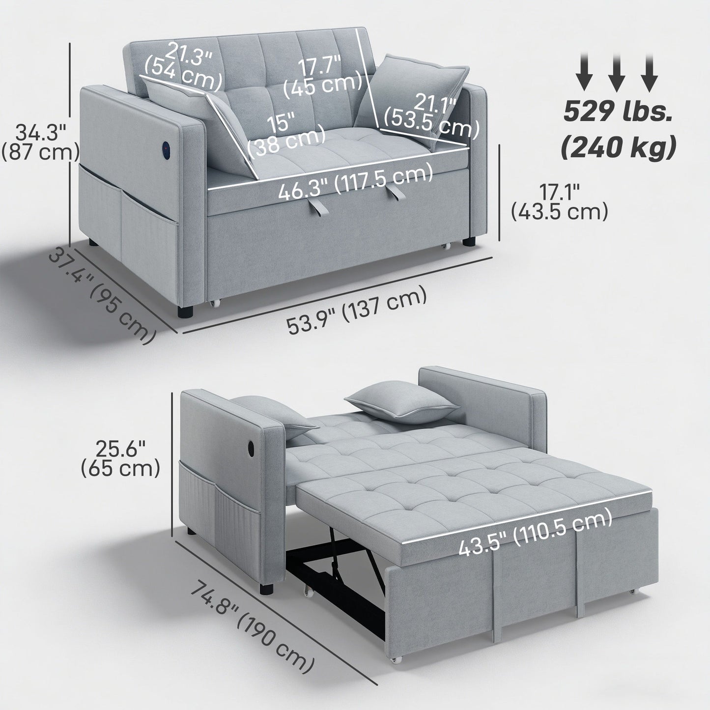 3‑in‑1 Convertible Sofa Bed, Pull Out Sleeper Sofa with USB Charging, Adjustable Backrest, Side Pockets, Light Grey