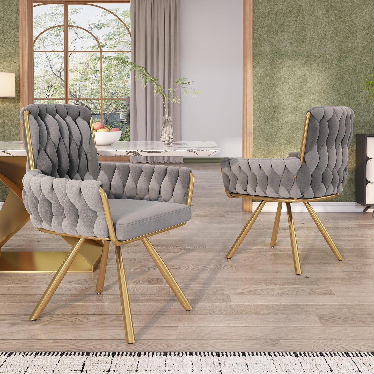 Set of 2 Velvet Dining Chairs with Upholstered Ergonomic Seats, Industrial-Chic Swivel Chairs with Metal Legs, 25'' L x 25'' W x 34'' H, Gray