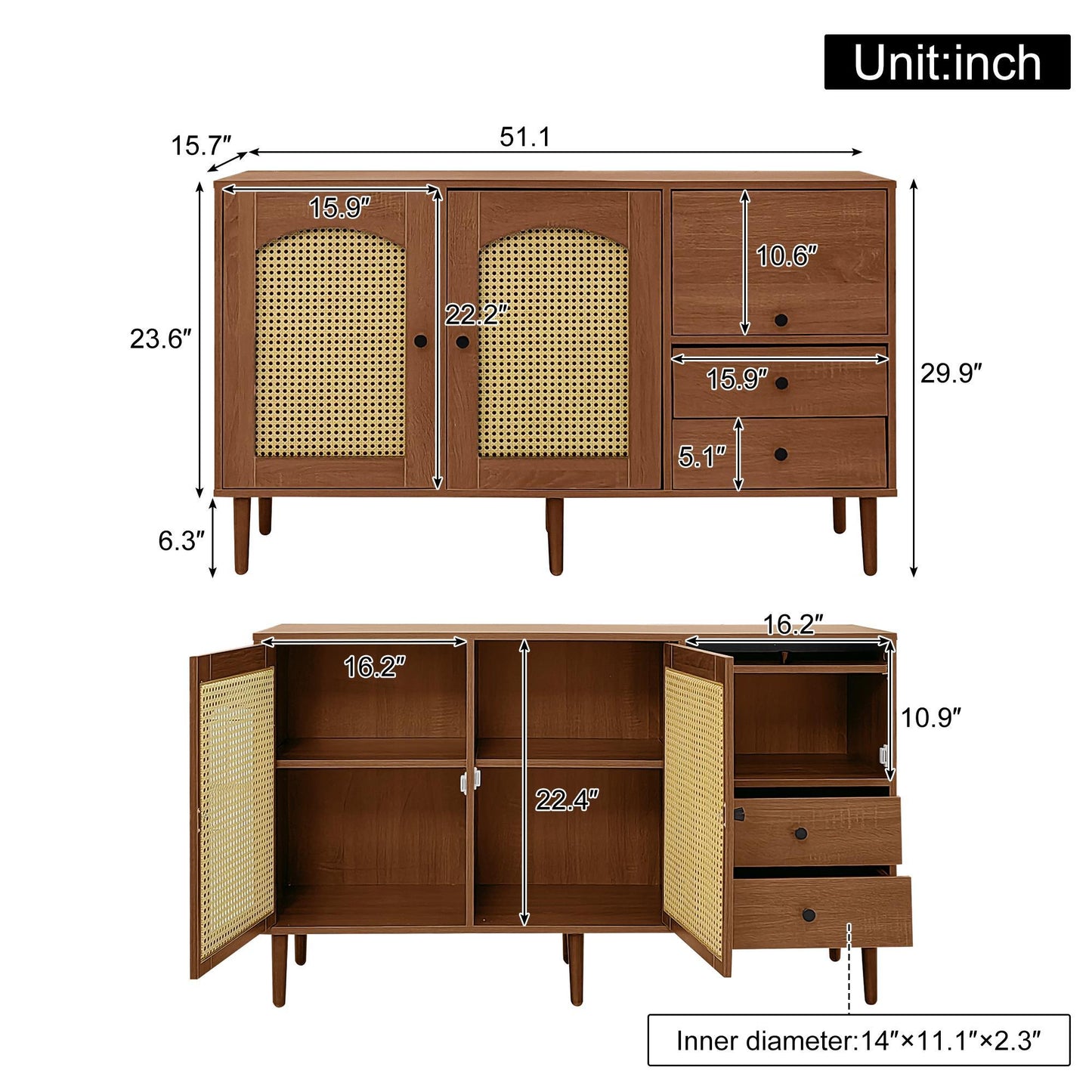 Country-Style Sideboard with Magnetic Soft-Close Doors and Generous Storage, Sturdy Cabinet with Wood Legs 51'' L x 15.5'' W x 30'' H, Wood