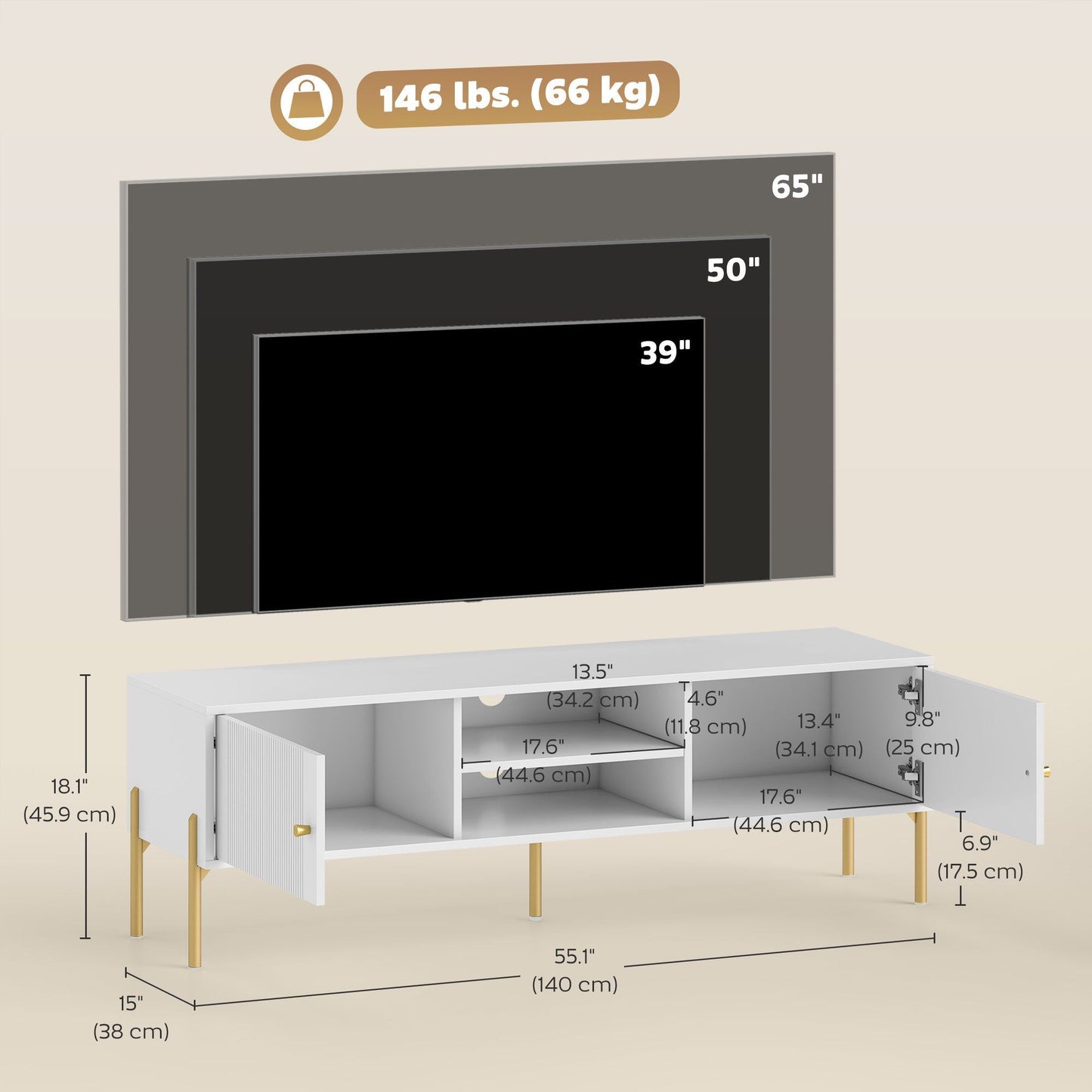 65" TV Stand with 2 Cabinets and Shelves - White