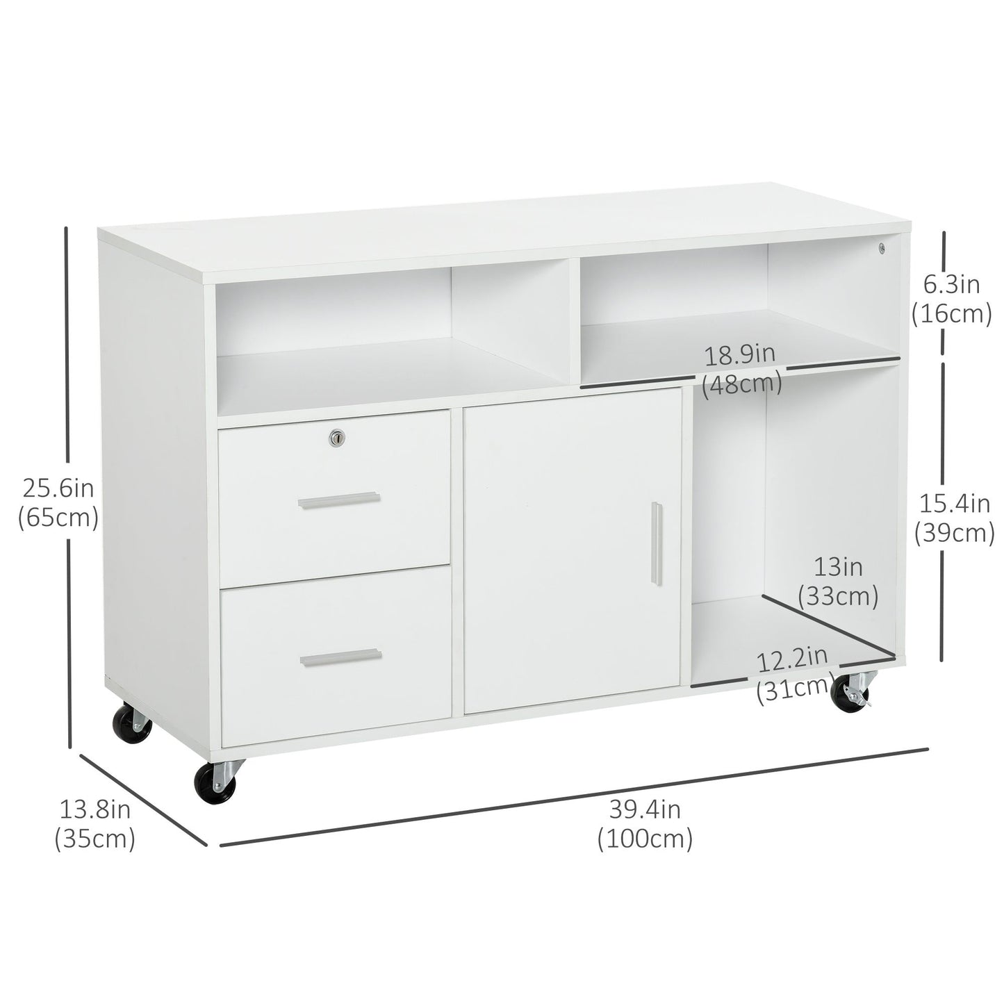 Lateral Mobile Filing Cabinet with Lock - White