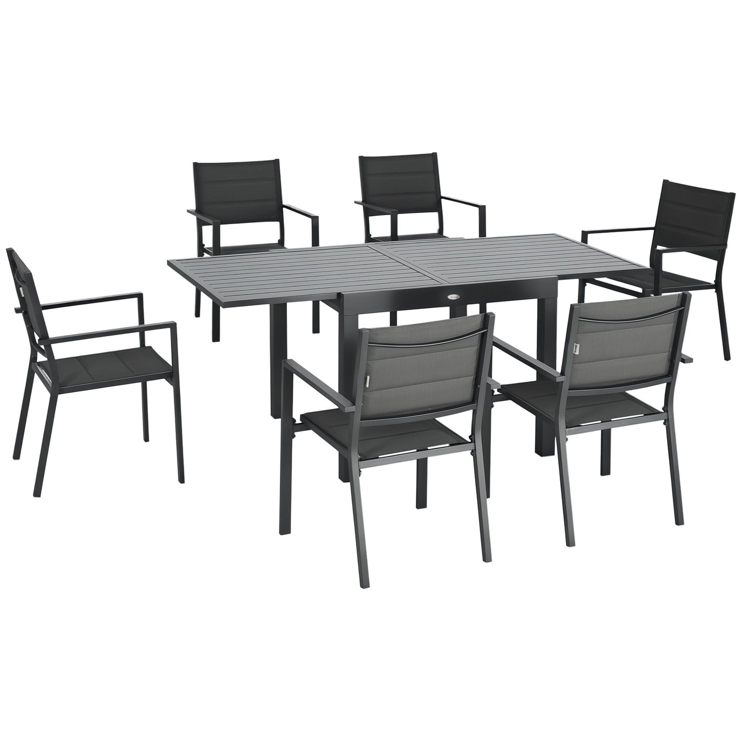 Patio Dining Set for 6, Aluminum Expandable Outdoor Table and 6 Stackable Chairs with Padded Back, Mesh Seat, Dark Grey