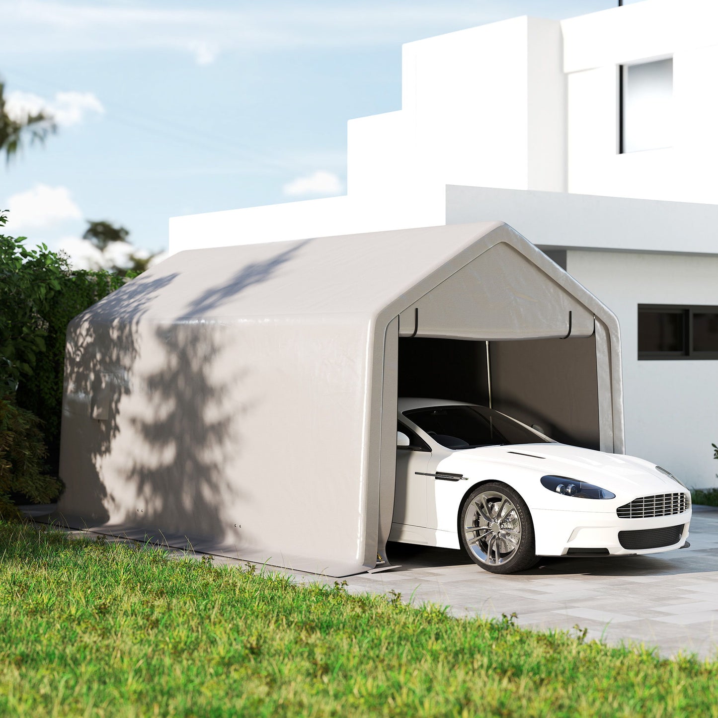 Heavy Duty Carport, 10 x 17 ft Portable Garage with Roll-up Zipper Door for Motorcycle Garden Storage, Grey