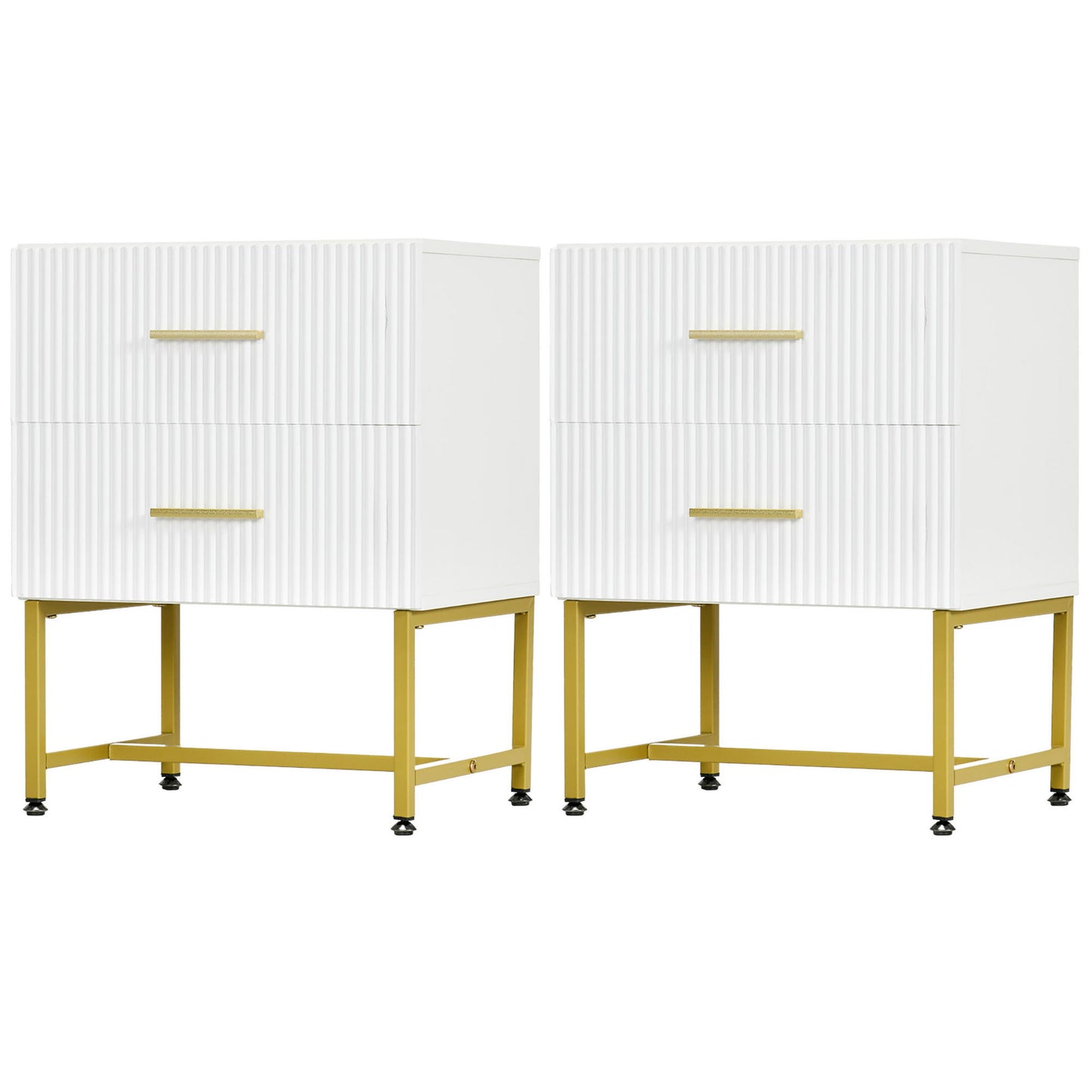 Set of 2 Nightstands with Fluted Drawers and Gold Legs - White