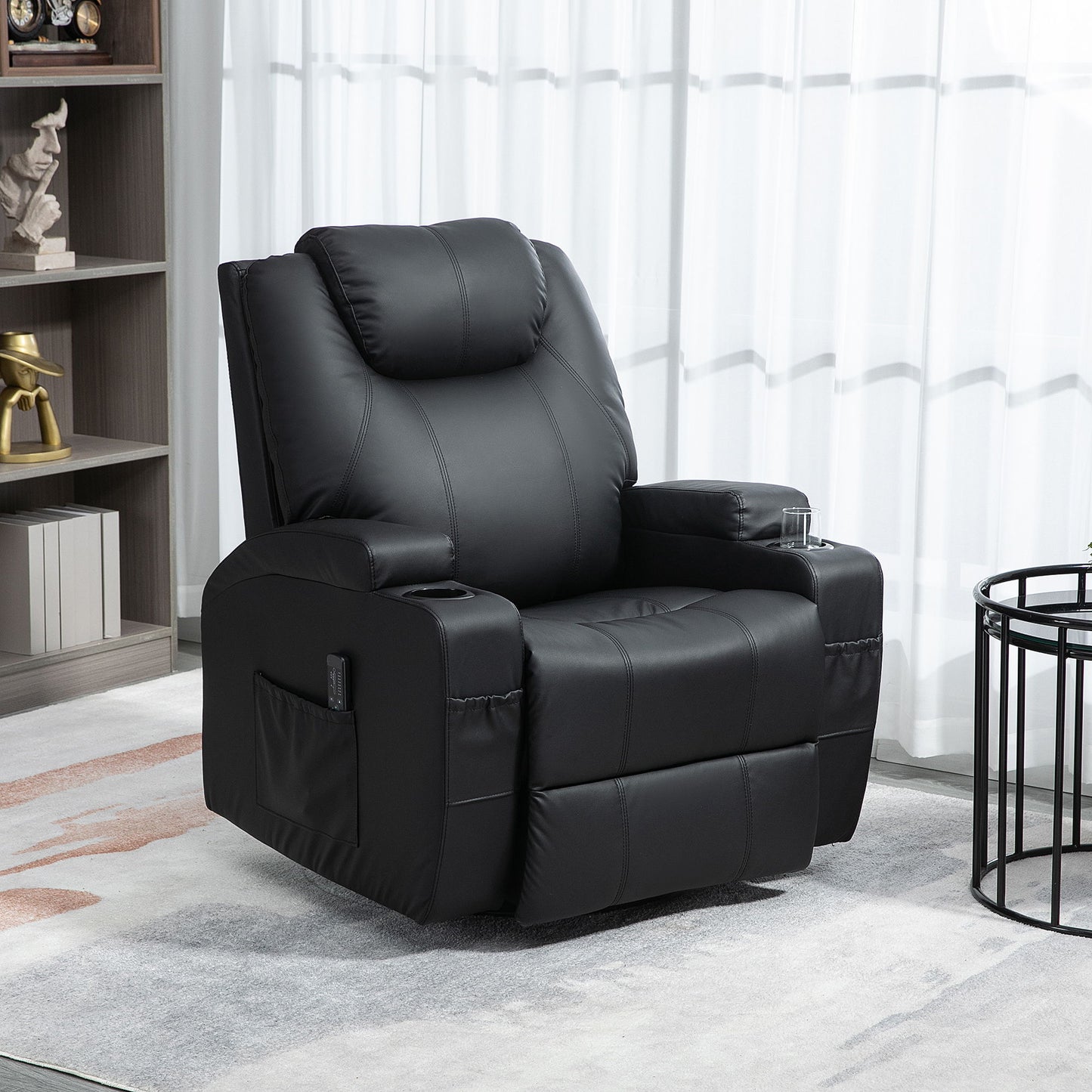 Massage Recliner Chair, Swivel Nursery Rocker Chair, Manual Reclining Sofa with 8 Vibration Points, PU Leather, Cup Holders, Side Pockets, for Living Room, Black