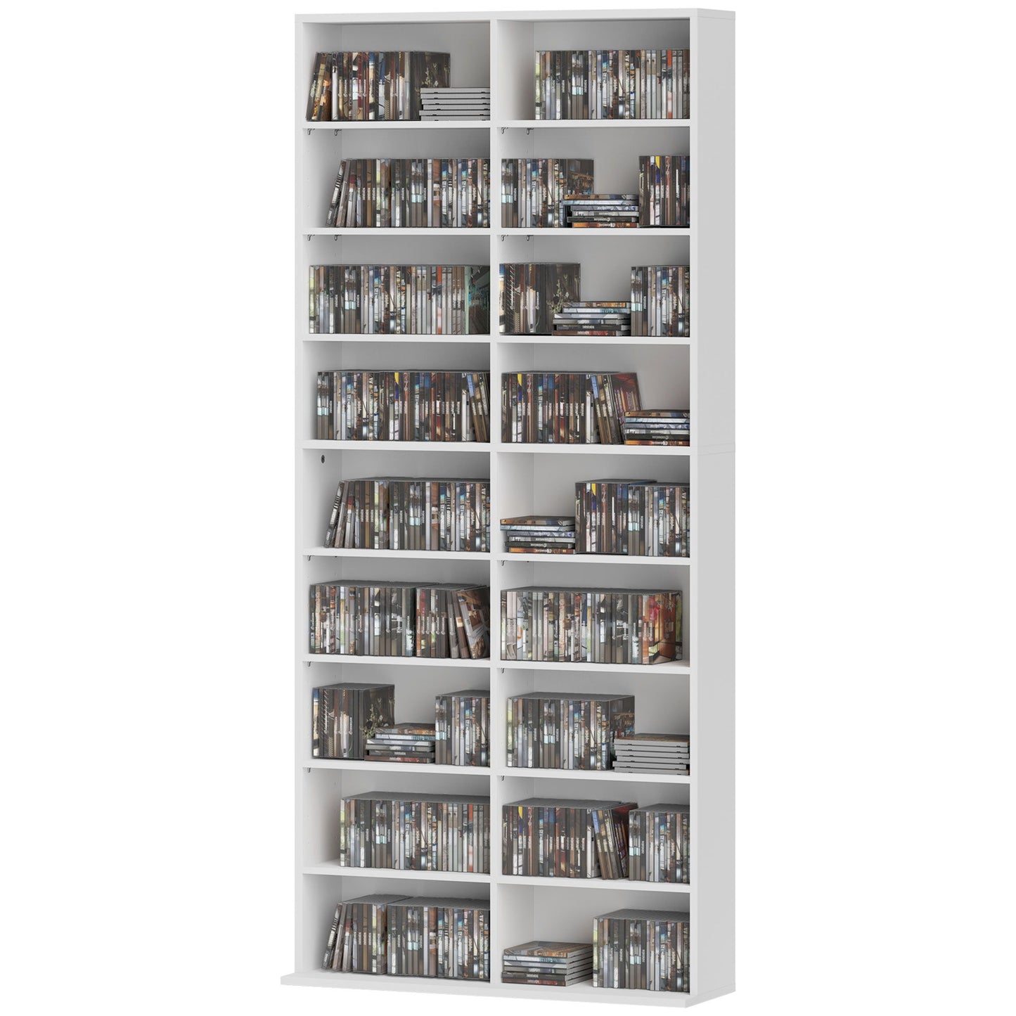 9-Tier DVD Shelf with 18 Compartments and 14 Adjustable Shelves, Holds 640 CDs, 360 DVDs or 430 Blu-rays, White
