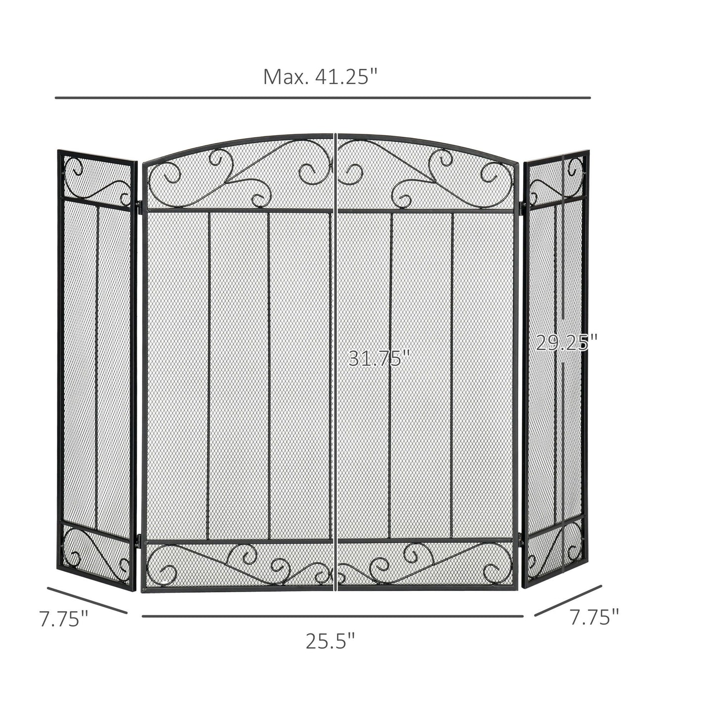 3-Panel Folding Fireplace Screen, Steel Mesh Fire Spark Guard Cover with Decorative Vine Pattern for Living Room Indoor Decor, 41.25" x 31.75", Black