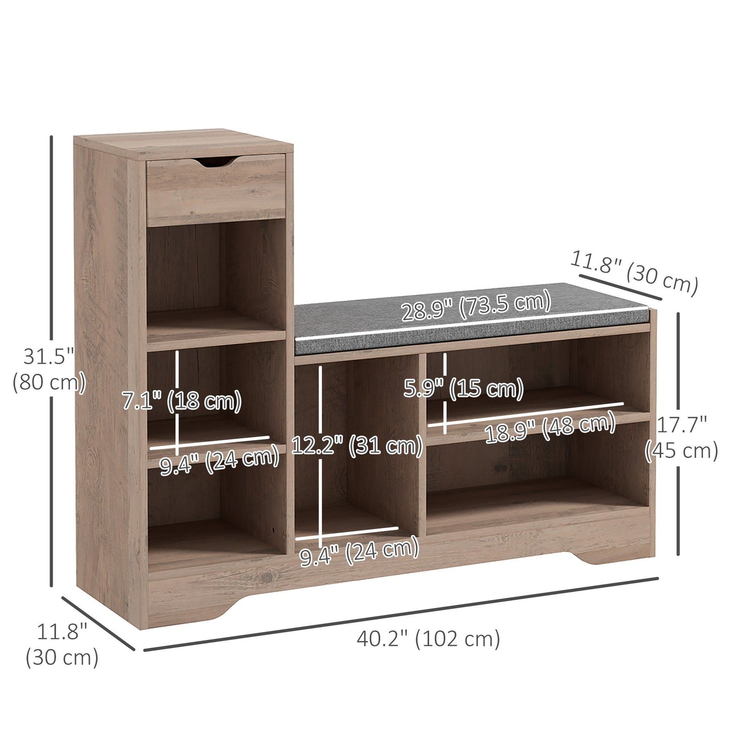 Shoe Storage Bench with Drawer and 6 Shelves - Grey