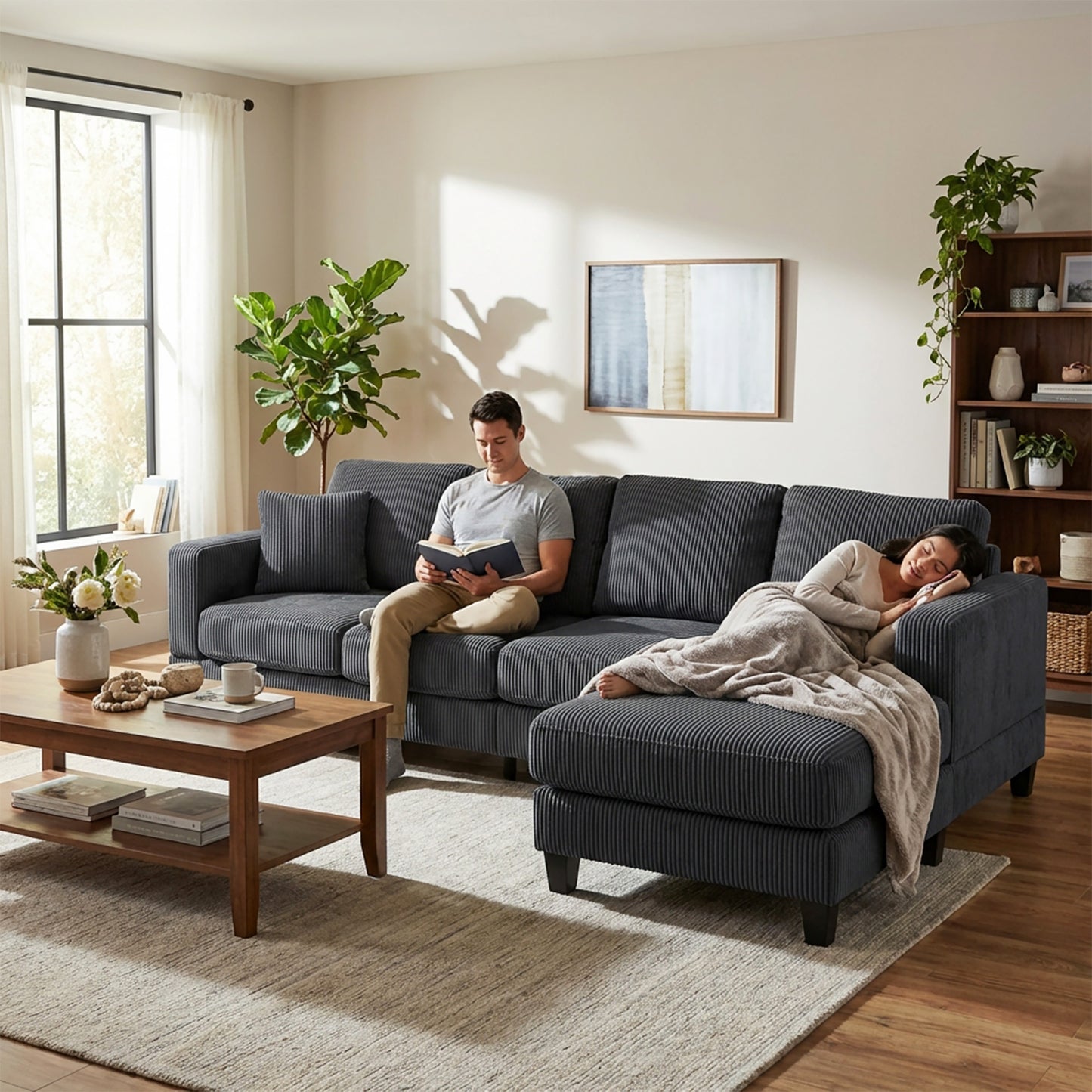L Shaped Couch, L Shape Sofa with Chaise Lounge and Spring Cushion for Living Room, Bedroom, Charcoal Grey