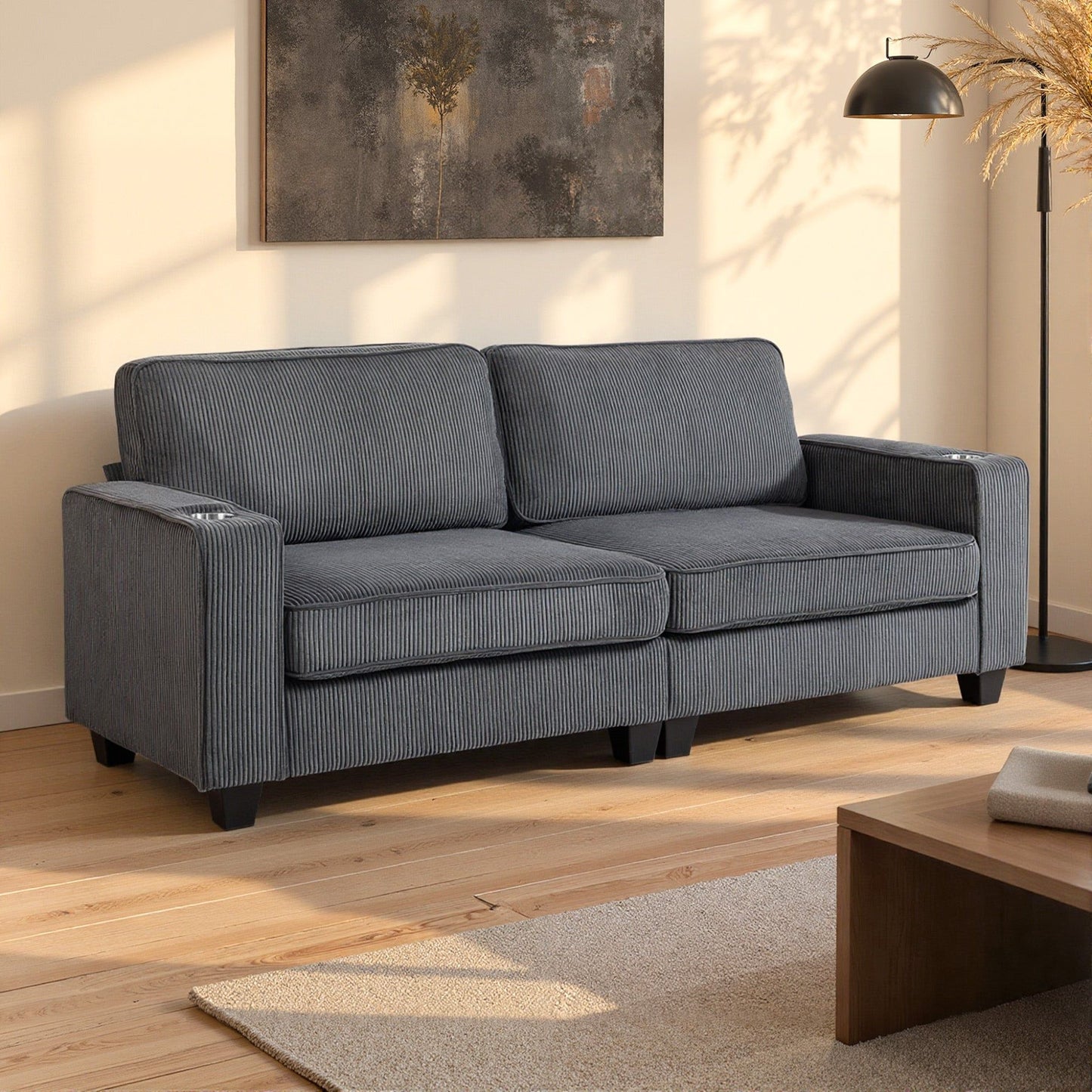 3-Seater Fabric Sofa with Cup Holders - Dark Grey