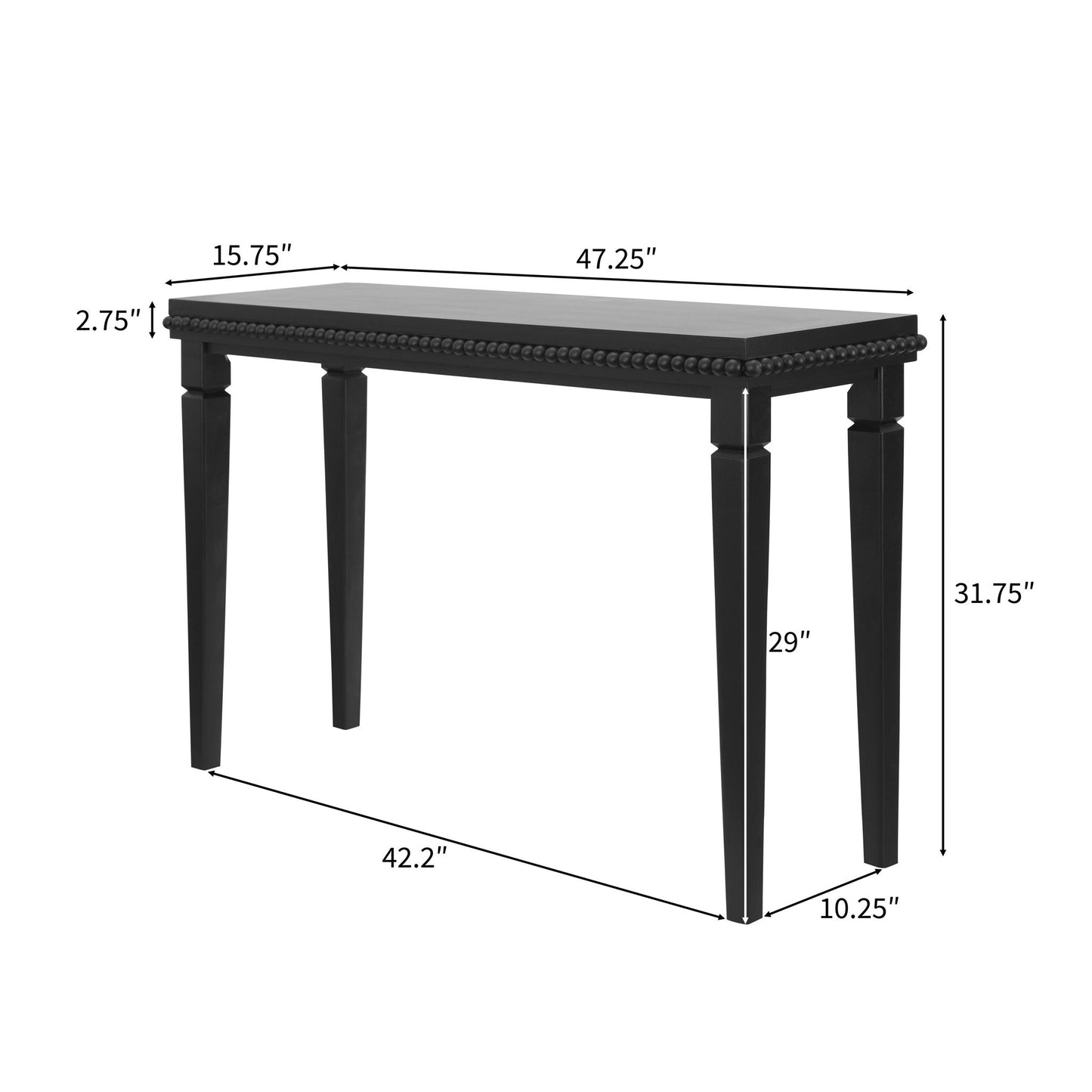Farmhouse Console Table with Beaded Trim and Natural Wood, Accent Sofa Table for Living Room, Hallway, 47.5'' L x 16'' W x 32'' H, Black