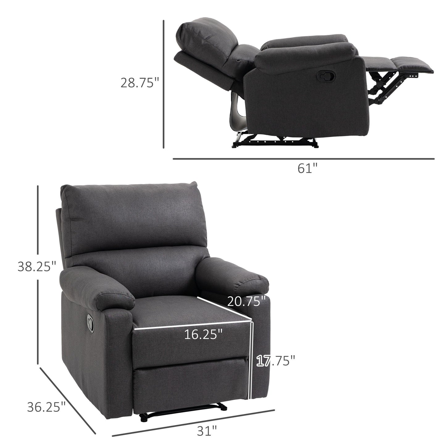 Recliner Chair, Manual Reclining Chair with Footrest, Padded Seat for Living Room, Bedroom, Study, Dark Grey