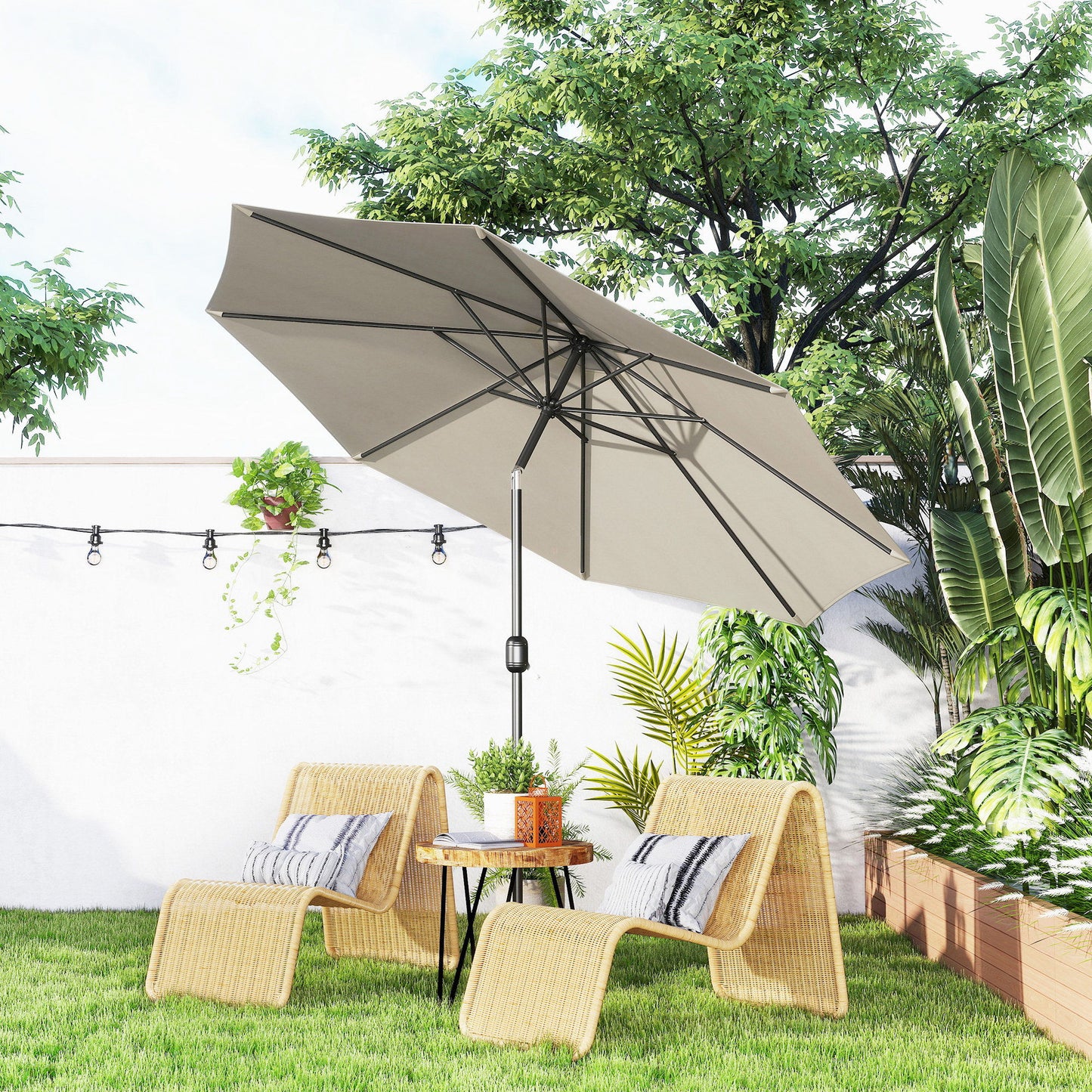 10' x 8' Round Market Umbrella, Patio Umbrella with Crank Handle and Tilt, Outdoor Parasol for Garden, Bench, Lawn, Light Grey
