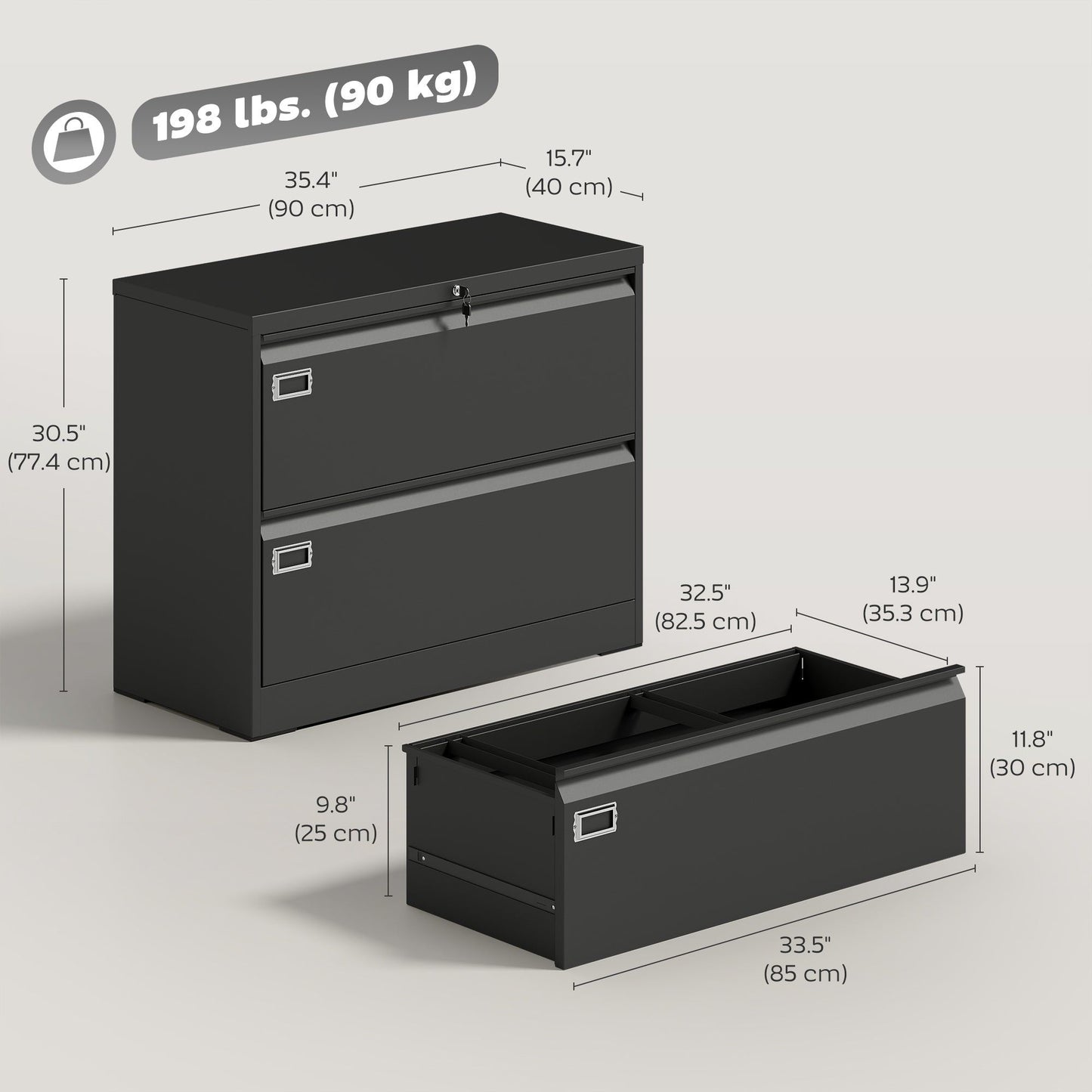 Lateral Filing Cabinet with 2 Lockable Drawers - Black
