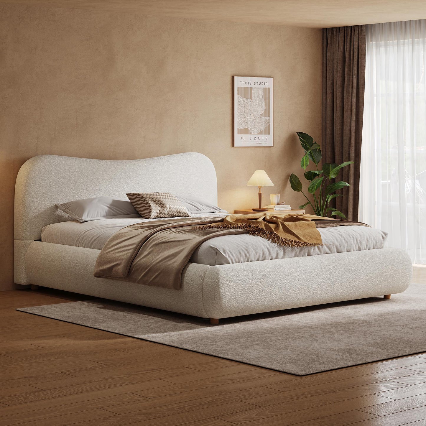 Queen Size Upholstered Platform Bed with Smooth Curved Headboard, Sturdy Bed Frame with Reinforced Slats, 86'' L x 65'' W x 34'' H, White