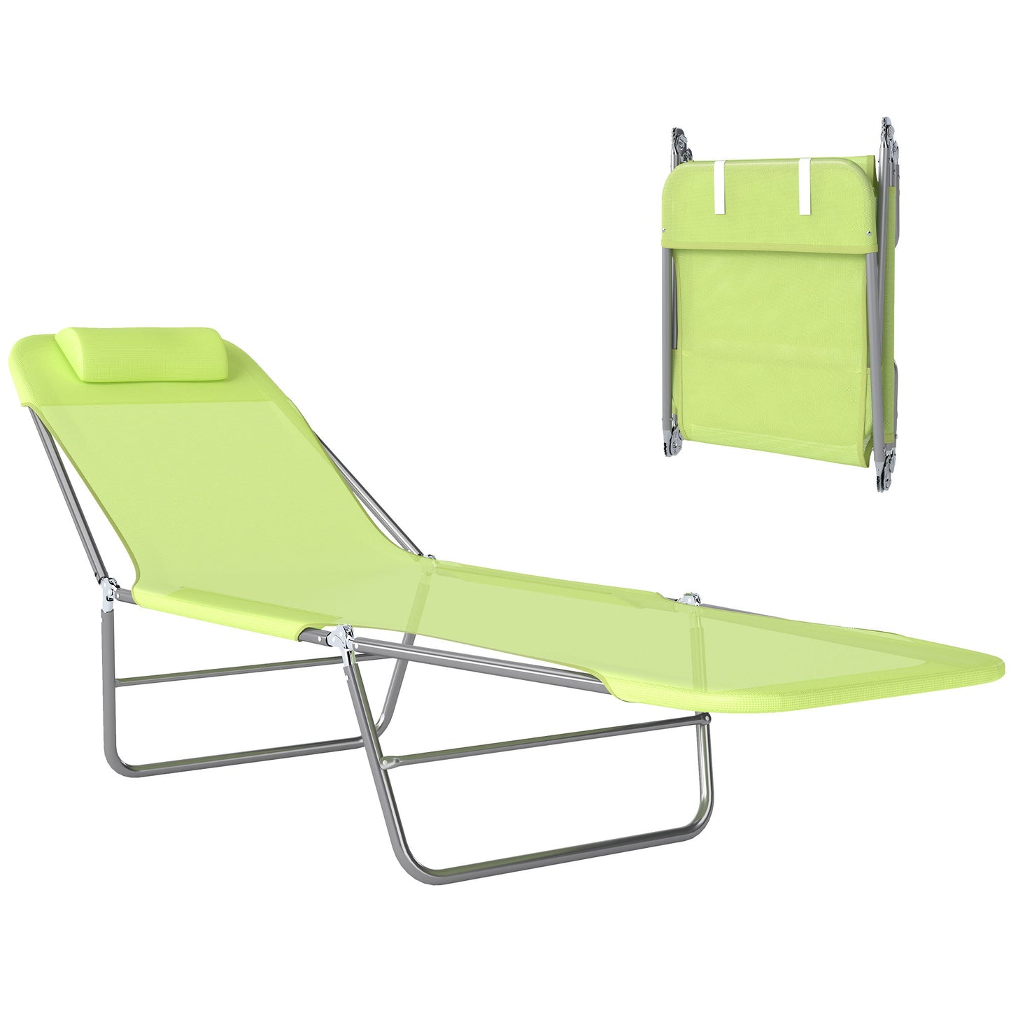 Outdoor Lounge Chair, Portable Adjustable Reclining Seat Folding Chaise Lounge Patio Camping Beach Tanning Chair Bed with Pillow, Light Green