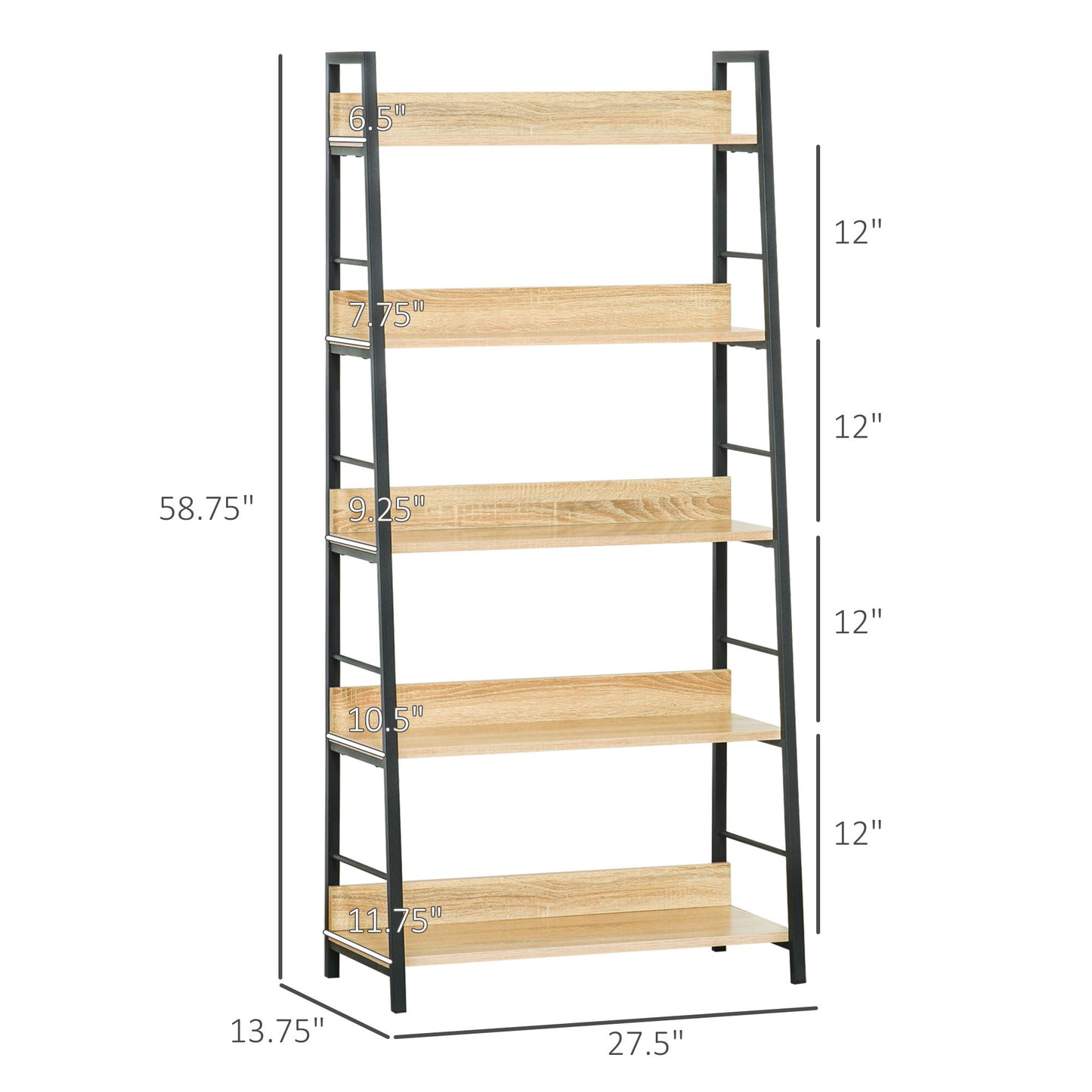 Modern Bookshelf Storage with 5-Tier Wide Shelving, Metal Frame, Wooden Bookcase for Living Room Library Home Furniture, Oak