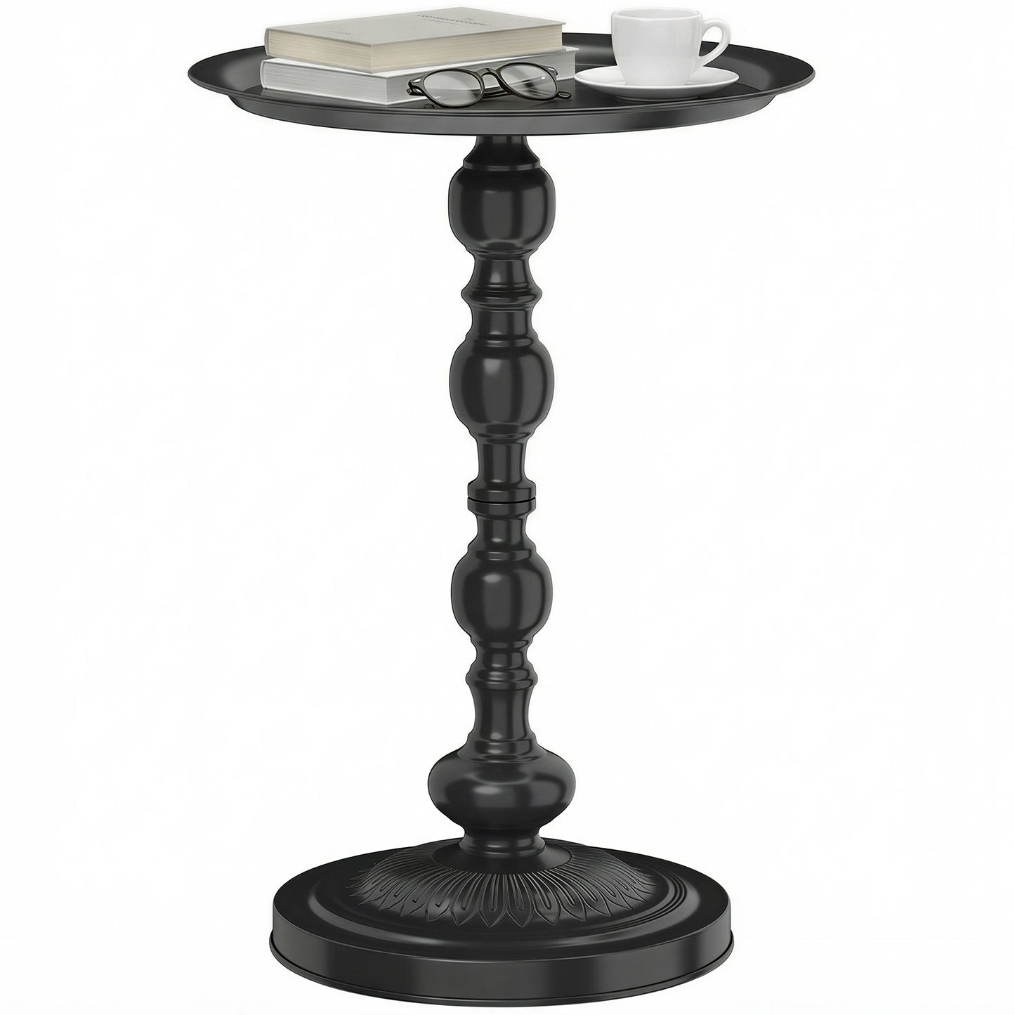 15.4" Round Outdoor Side Table, Tray Top Metal Patio Table with Retro Column Base for Indoor, Balcony, Garden, Black