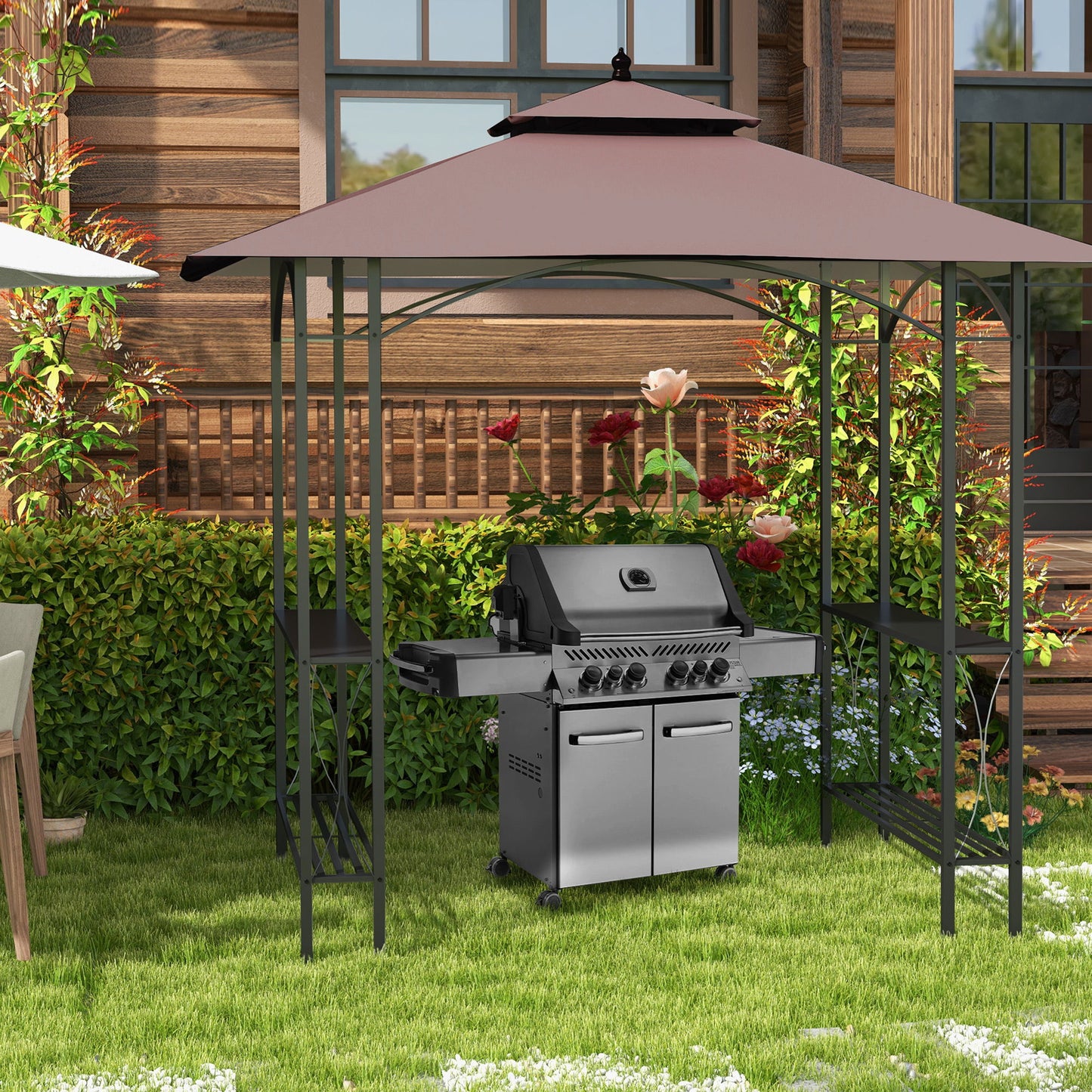 8' x 5' Grill Gazebo Double Tiered Tent Pavilion Grill Canopy Garden Sun Shade with 2-Tires Shelf