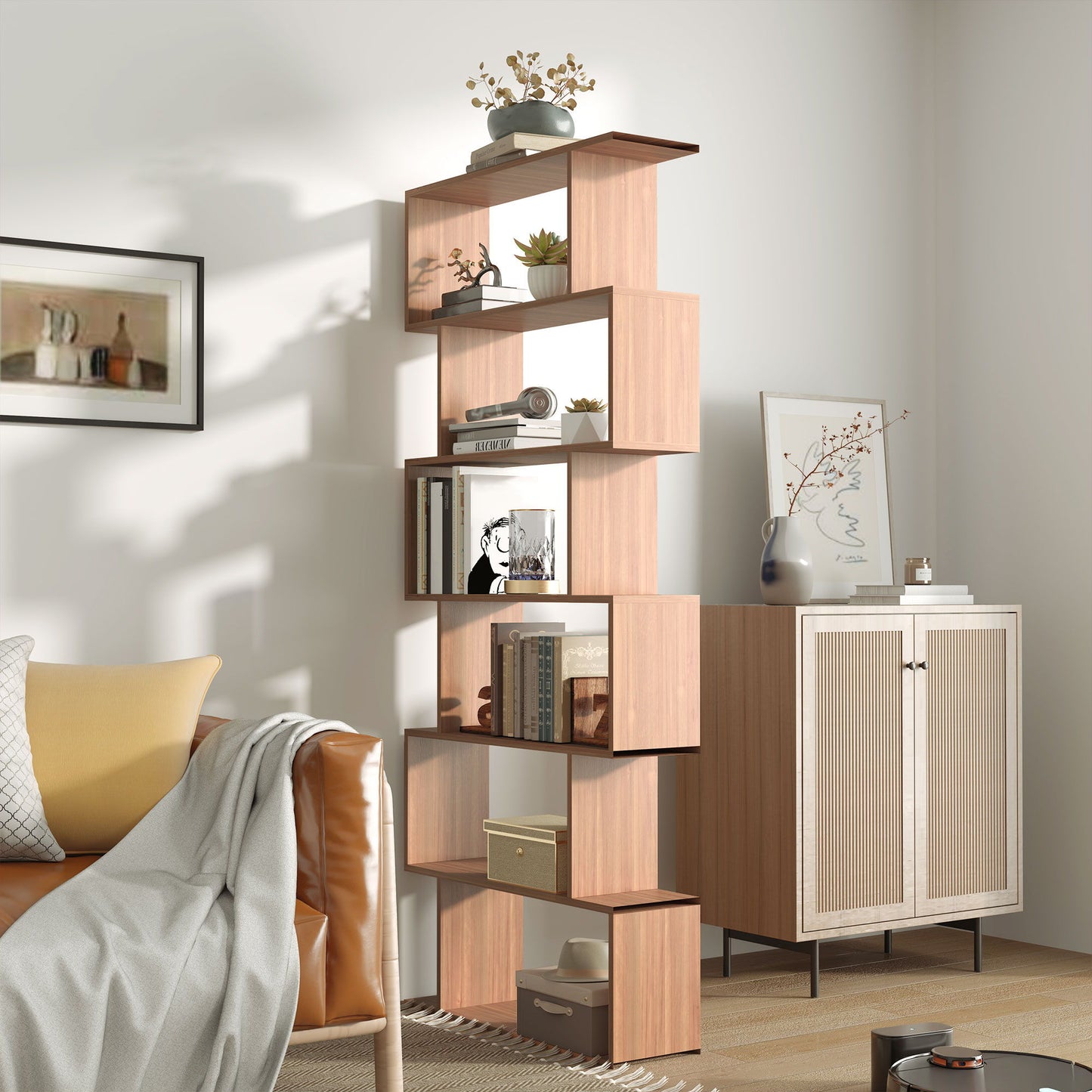 76" 6-Tier Geometric Wooden Bookcase S Shaped Storage Display Bookshelf Modern shelf Open Concept Living Room Home Office Furniture, Maple