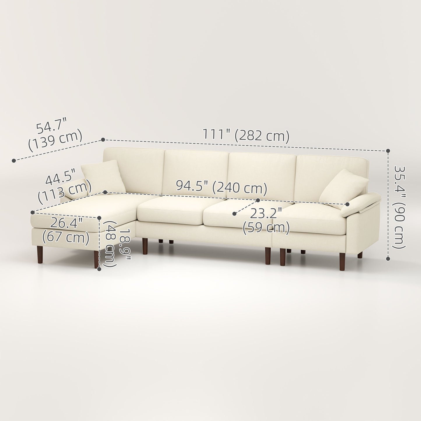 L-Shape Sofa, Modern Sectional Couch with Changeable Chaise Lounge, Pillows and Wooden Legs for Living Room, Cream White