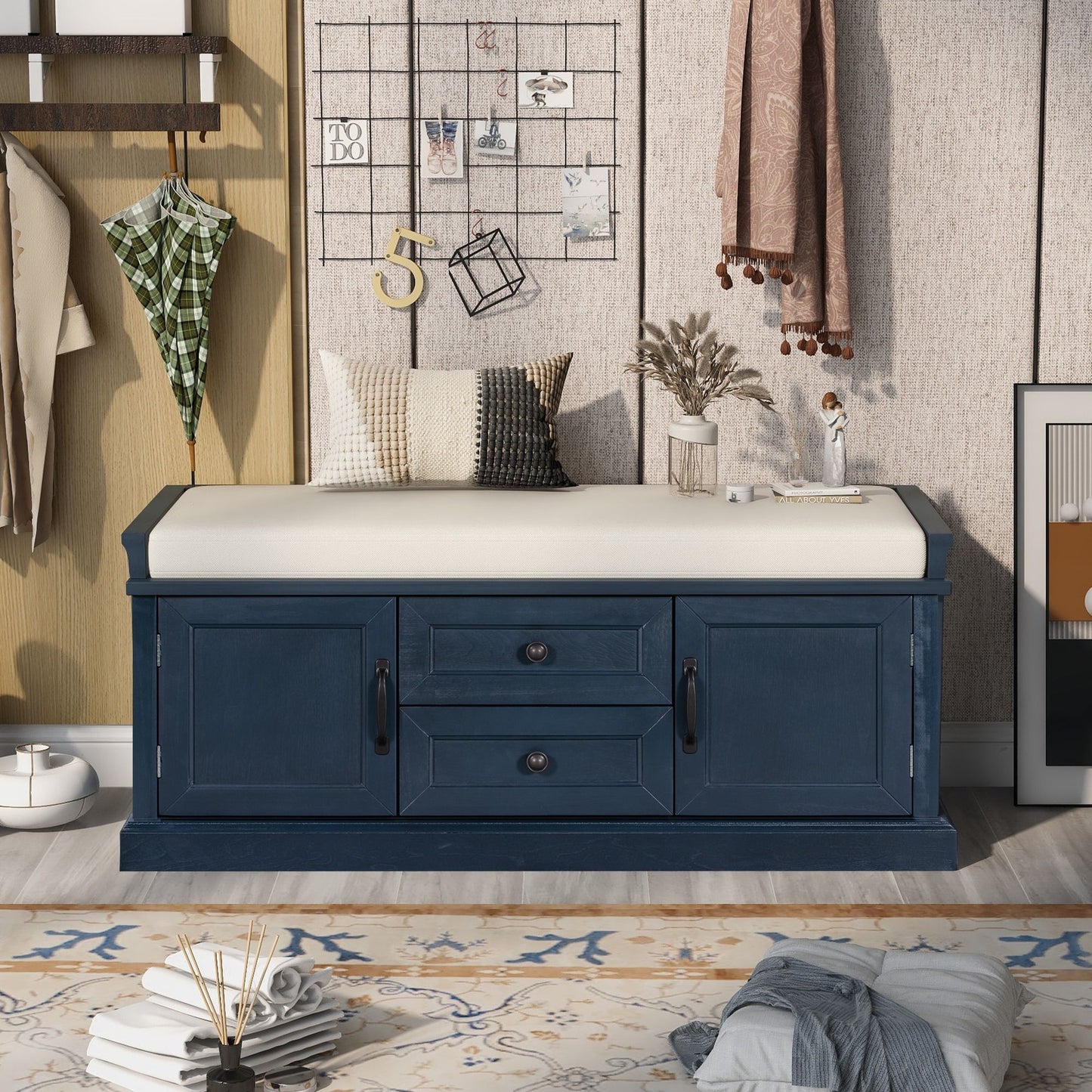Storage Bench Comfortable Seating, Adjustable Shelves and Removable Cushion for Entryway, 43" L x 16" W x 17.5" H, Antique Navy