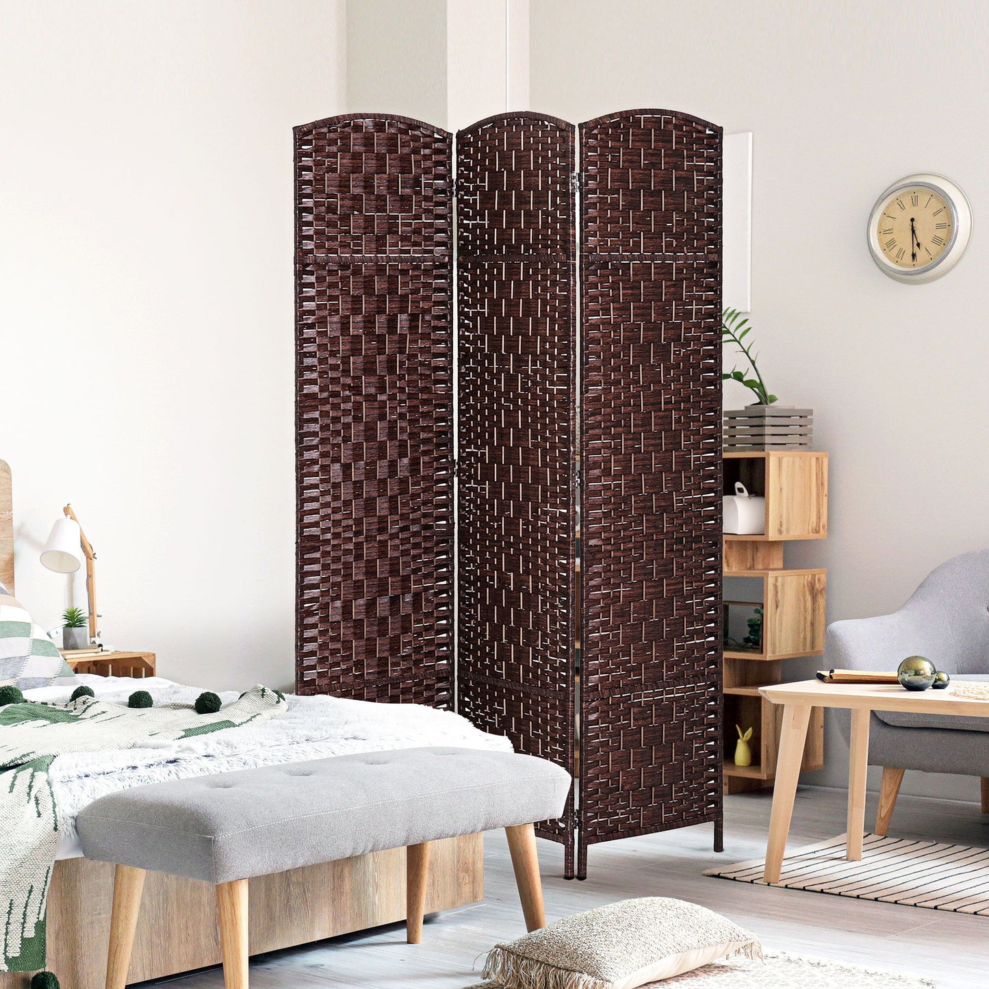 6ft Folding Room Divider, 3 Panel Wall Partition with Wooden Frame for Bedroom, Home Office, Brown