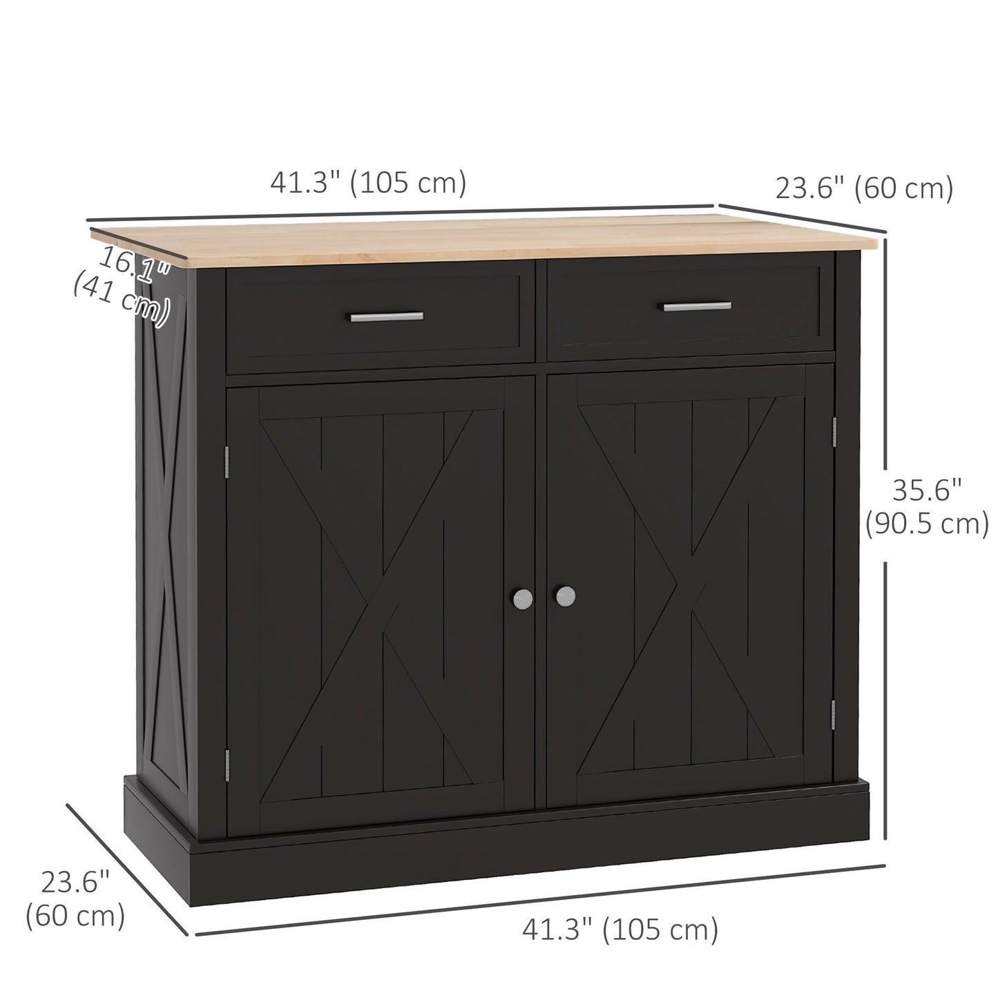 Kitchen Island with Drop Leaf and 2 Drawers - Black