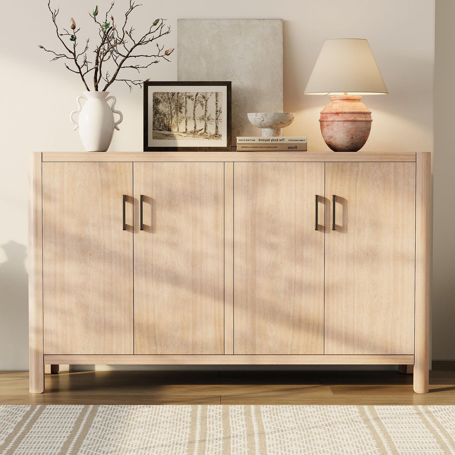 Farmhouse Storage Cabinet with Wood Veneer and Solid Pine Legs, Rustic Accent Sideboard for Entryways, 59" L x 18" W x 36" H, Natural
