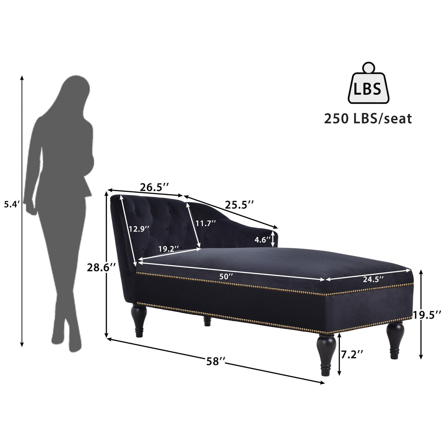 Elegant Chaise Lounge with Button-Tufted Design and Nailhead Trim, Right-Arm Facing Chaise for Living Room, 58" L x 26.5" W x 28.5" H, Black