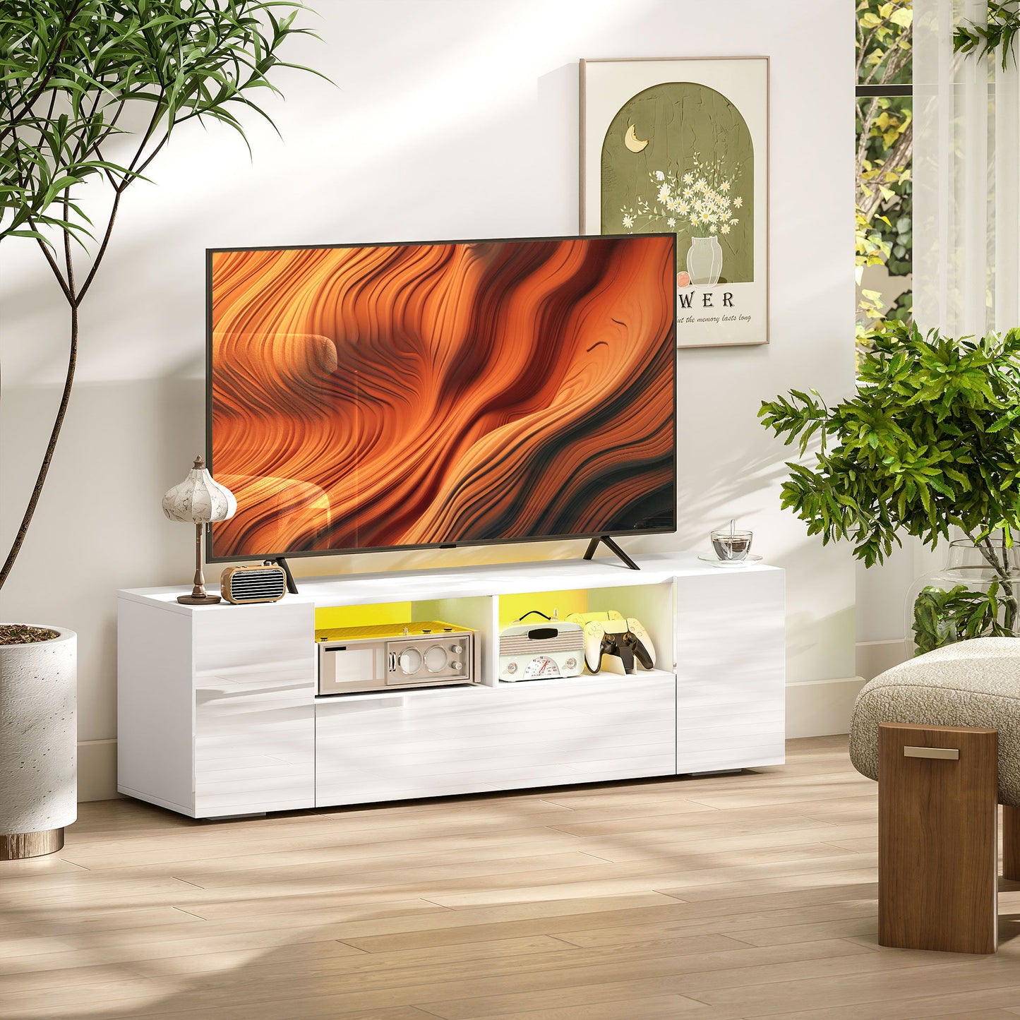 TV Stand for TVs up to 60", TV Unit with LED Lights, Storage Shelves and Cupboards, 53.9" x 13.8" x 16.5", White
