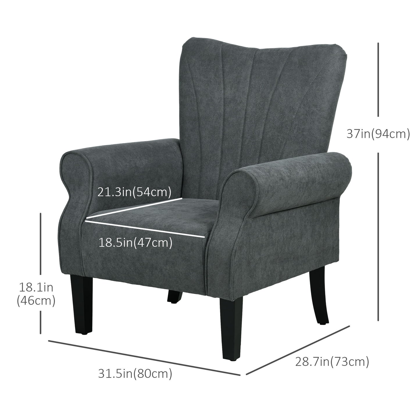 Fabric Armchair, Modern Accent Chair with Wood Legs for Living Room, Bedroom, Home Office, Dark Grey