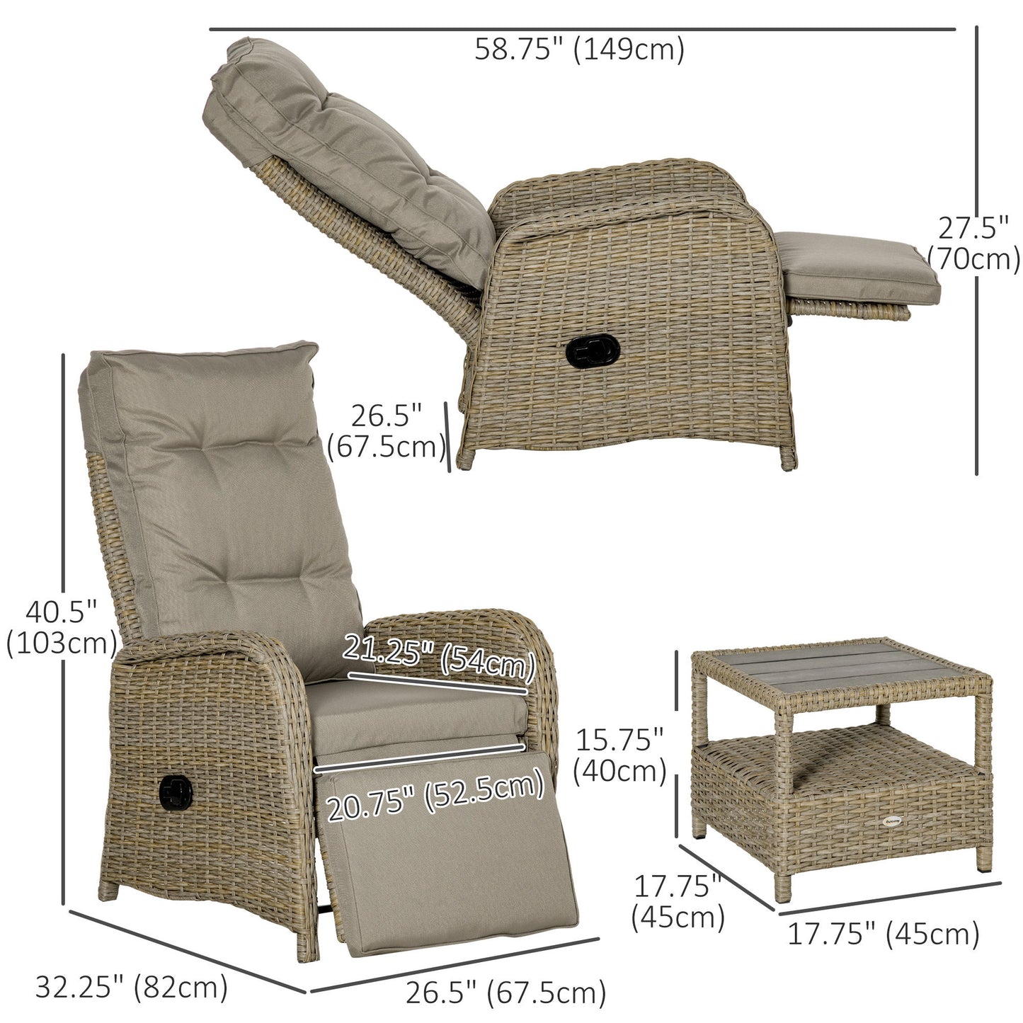 3 Pieces Patio Wicker Bistro Set, PE Rattan Coffee Table & Adjustable Recline Chairs Furniture Set with Cushions and Wood Grain Plastic Top, Khaki